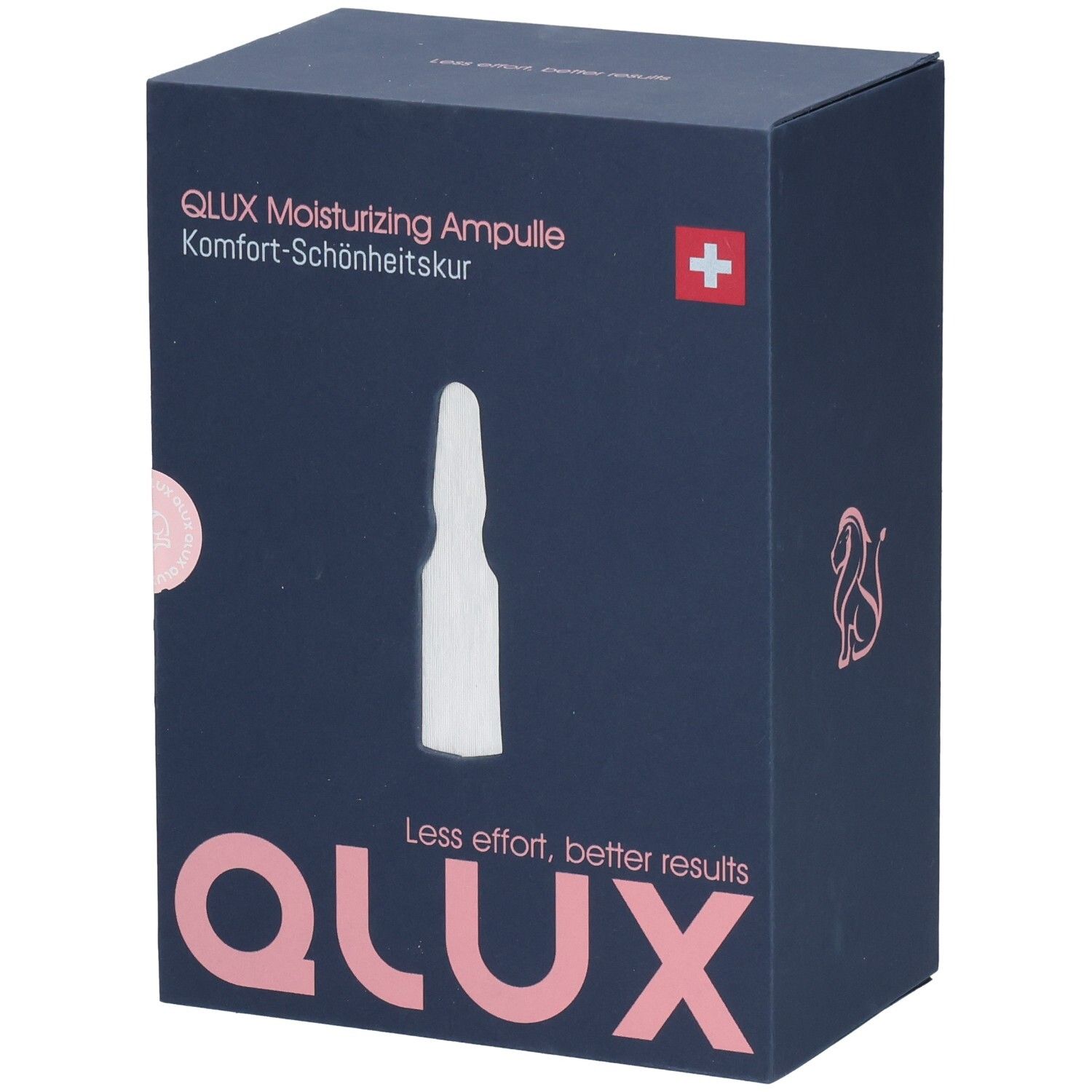 Dunkelblaue Schachtel mit QLUX-Logo und Ampullen-Abbildung. Text: QLUX Moisturizing Ampulle, Komfort-Schönheitskur. Schweizer Kreuz.