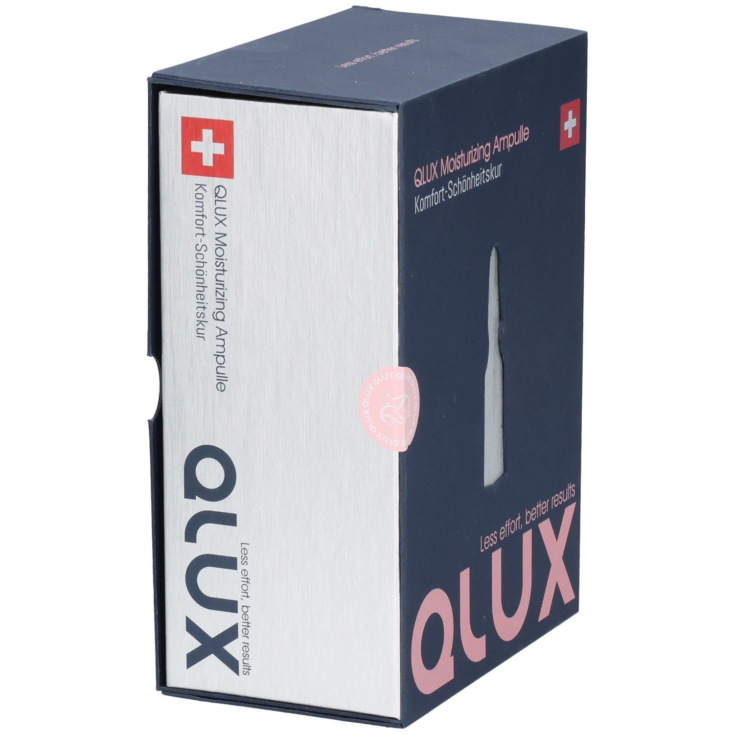 Dunkelblaue Schachtel mit QLUX-Logo und Ampullen-Abbildung. Text: QLUX Moisturizing Ampulle, Komfort-Schönheitskur. Schweizer Kreuz.