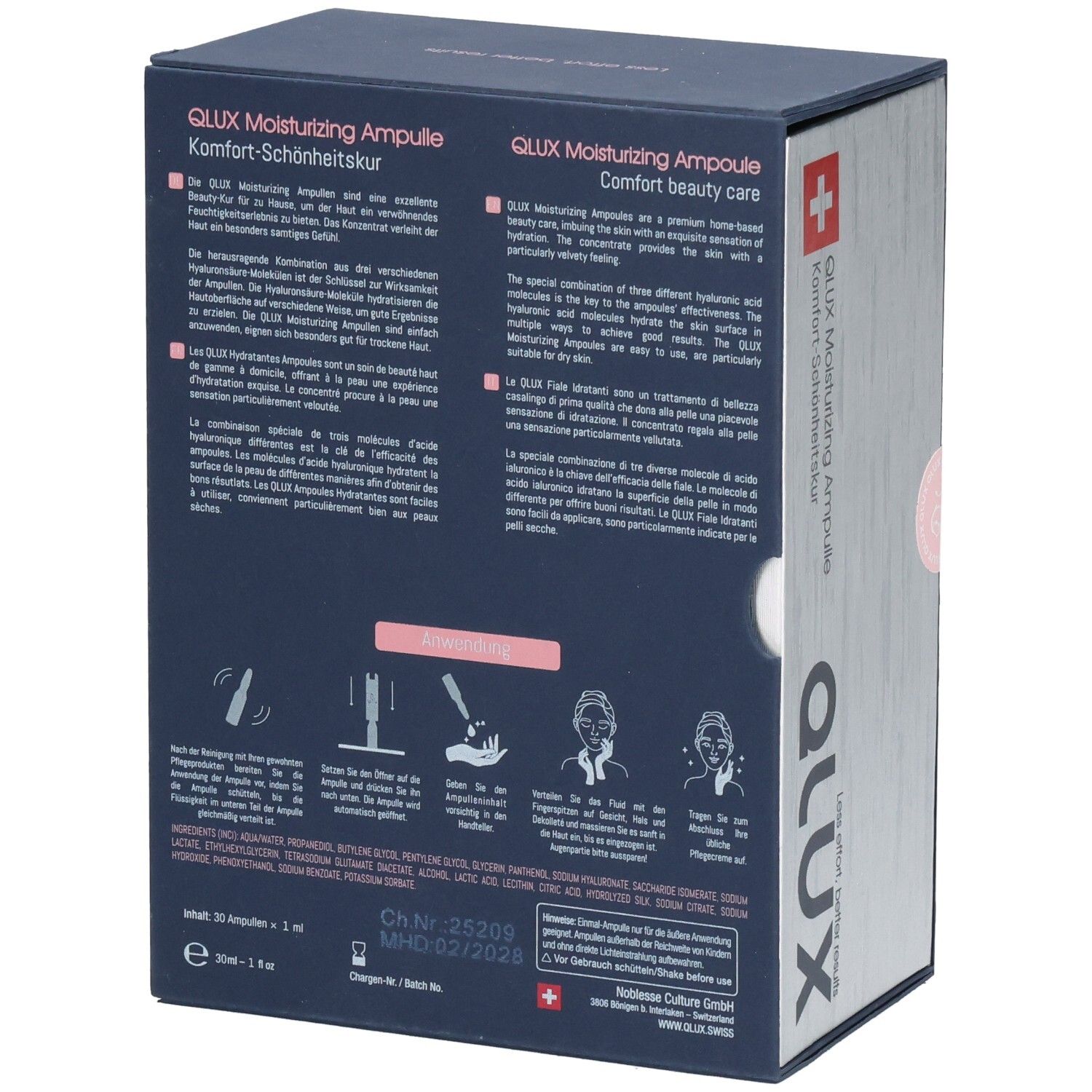 Rückseite der Schachtel mit Text und Illustrationen. Text: QLUX Moisturizing Ampulle, Komfort-Schönheitskur. Schweizer Kreuz.