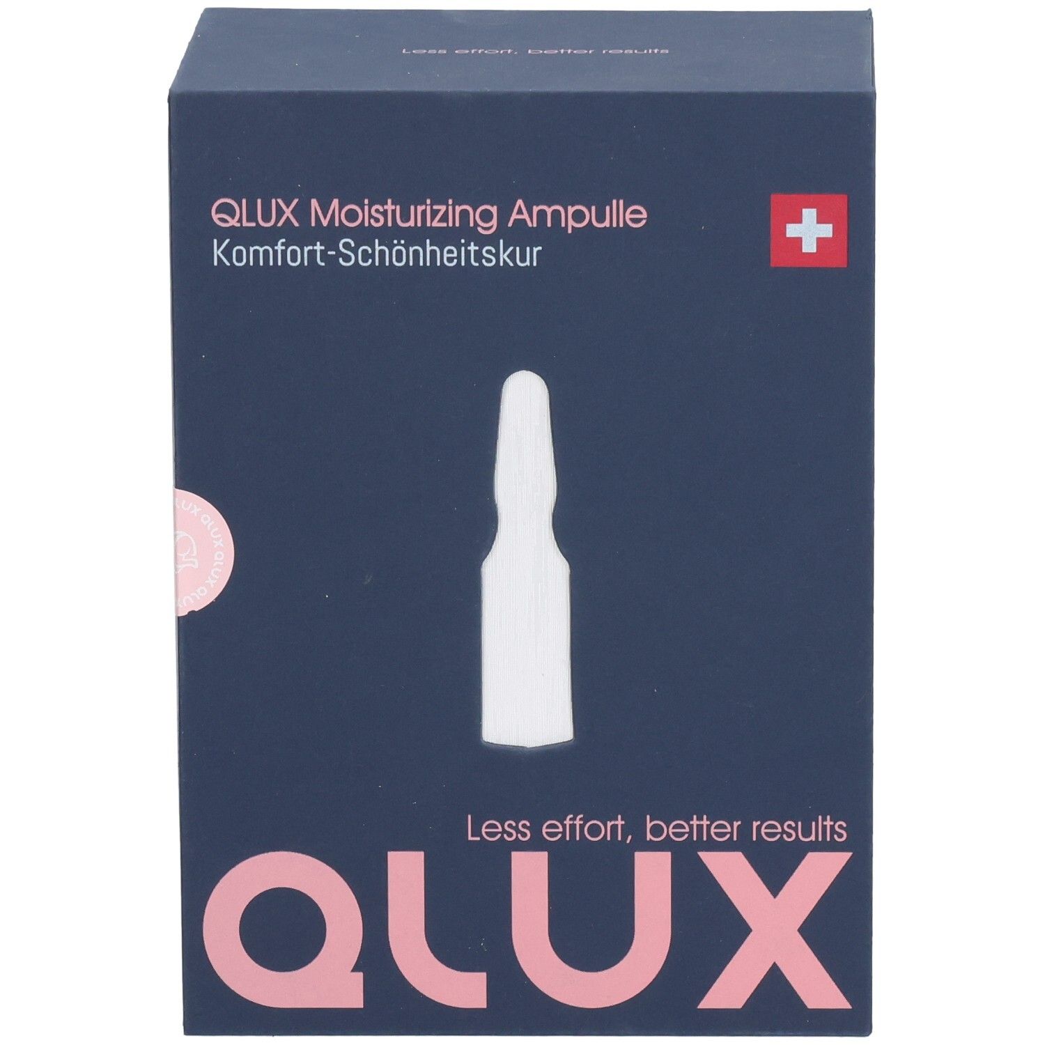 Dunkelblaue Schachtel mit QLUX-Logo und Ampullen-Abbildung. Text: QLUX Moisturizing Ampulle, Komfort-Schönheitskur. Schweizer Kreuz.