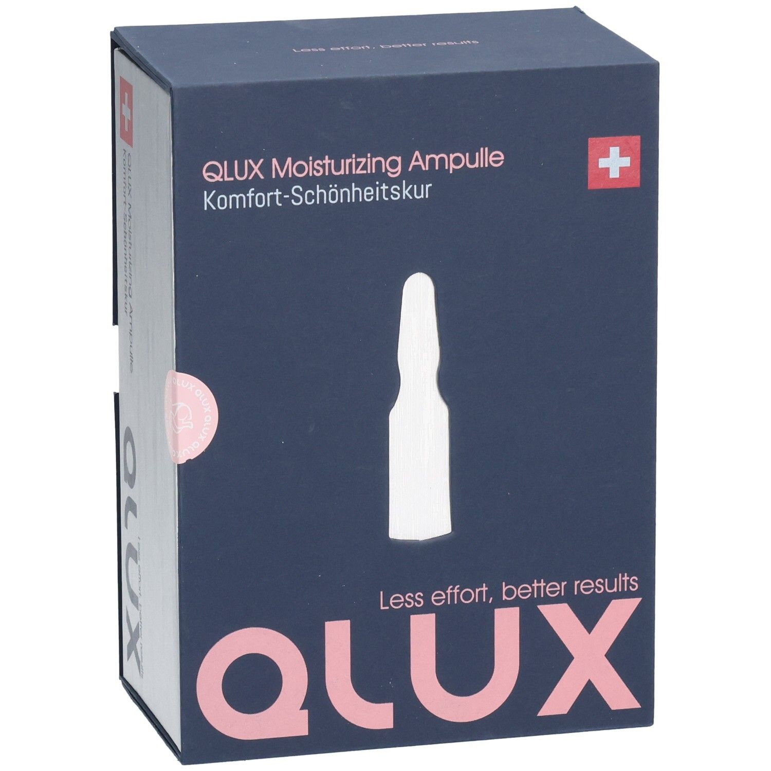Dunkelblaue Schachtel mit QLUX-Logo und Ampullen-Abbildung. Text: QLUX Moisturizing Ampulle, Komfort-Schönheitskur. Schweizer Kreuz.