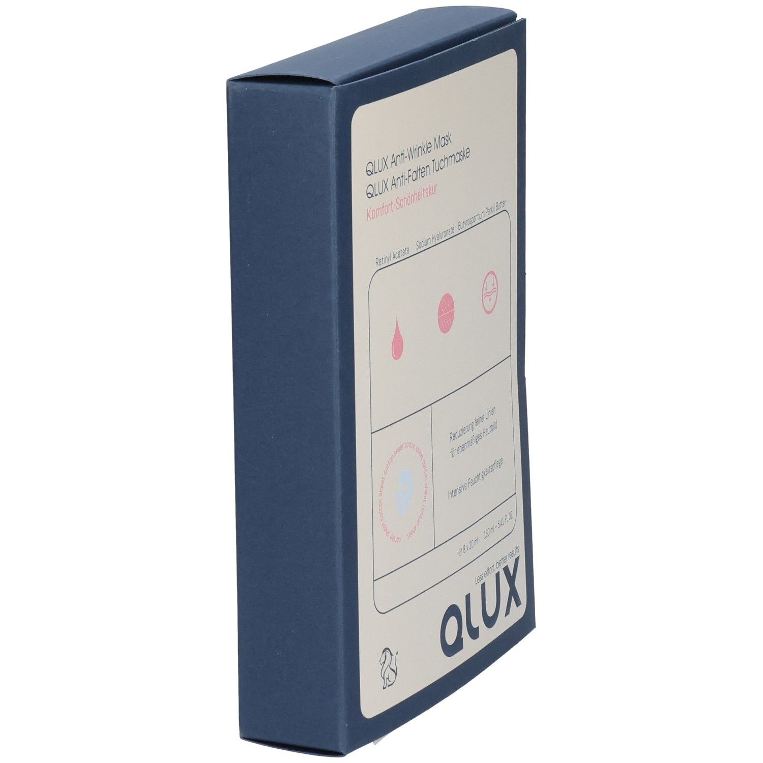 QLUX Maske-Verpackung, weiß-blau. Text: QLUX Anti-Wrinkle Mask, Schweizer Kreuz, Logo. Enthält Informationen zur Anwendung und Inhaltsstoffen.