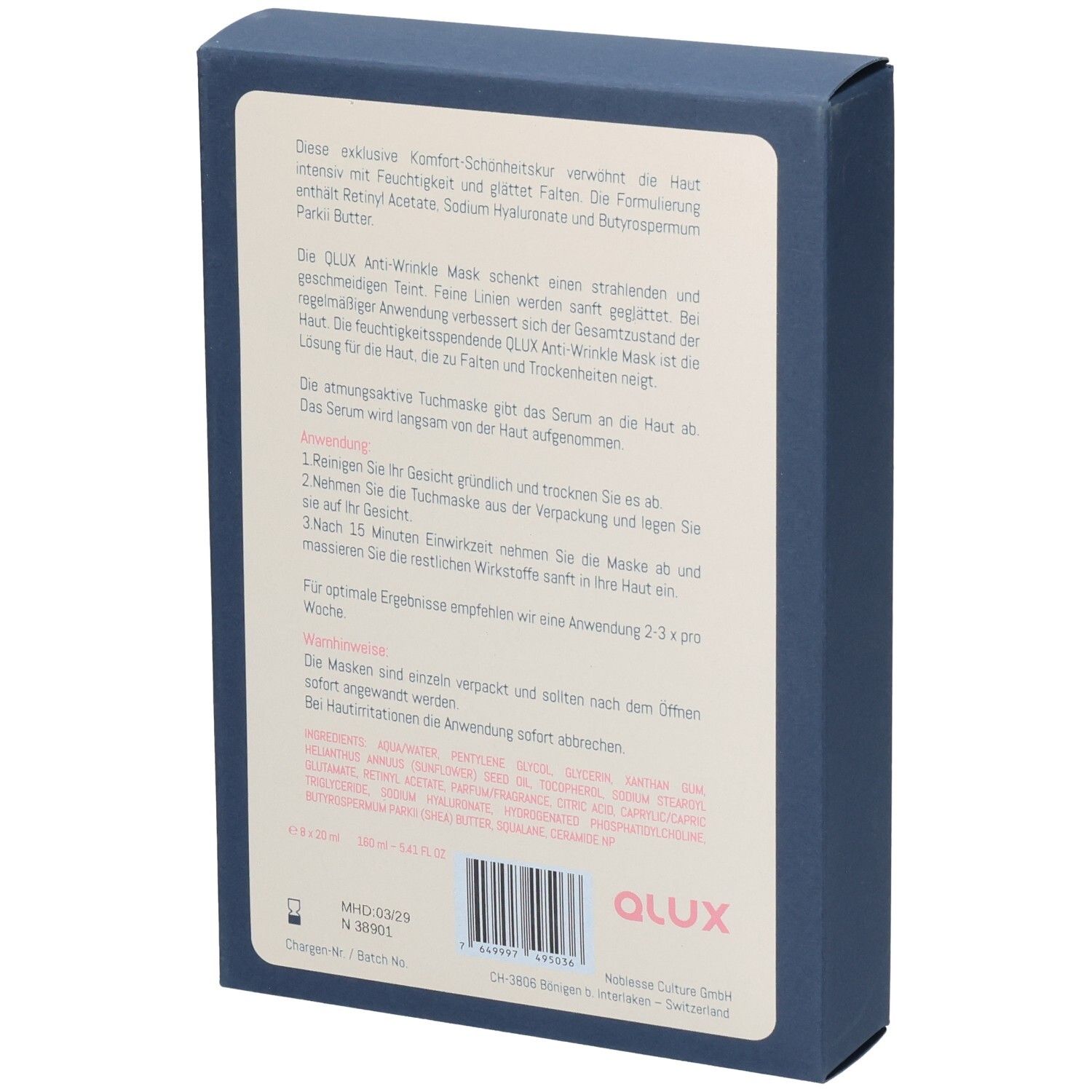 QLUX Maske-Verpackung, weiß-blau. Text: QLUX Anti-Wrinkle Mask, Schweizer Kreuz, Logo. Enthält Informationen zur Anwendung und Inhaltsstoffen.