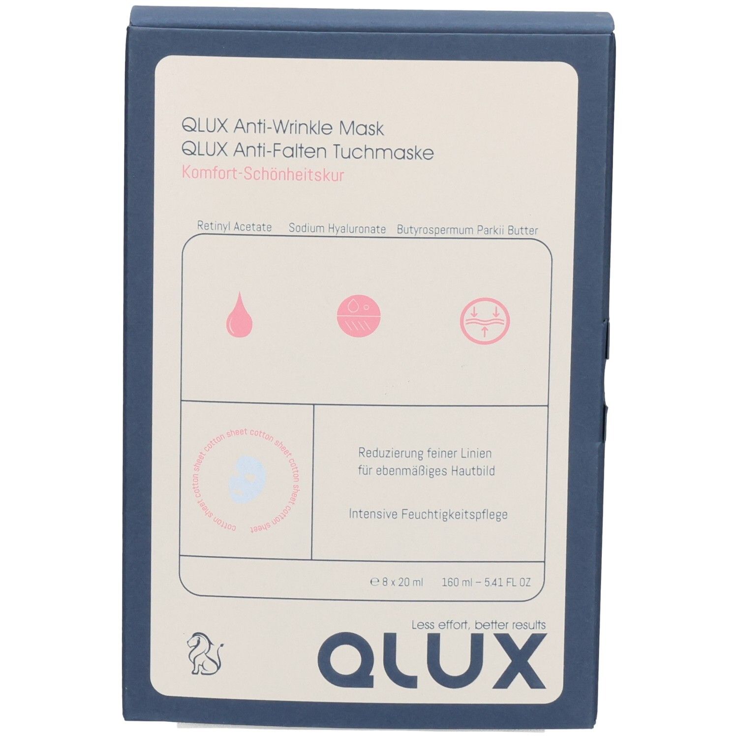 QLUX Maske-Verpackung, weiß-blau. Text: QLUX Anti-Wrinkle Mask, Schweizer Kreuz, Logo. Enthält Informationen zur Anwendung und Inhaltsstoffen.