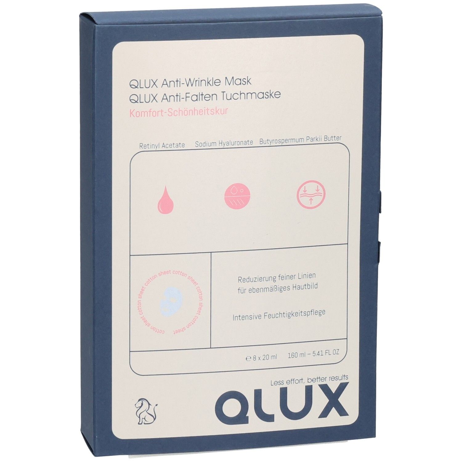 QLUX Maske-Verpackung, weiß-blau. Text: QLUX Anti-Wrinkle Mask, Schweizer Kreuz, Logo. Enthält Informationen zur Anwendung und Inhaltsstoffen.