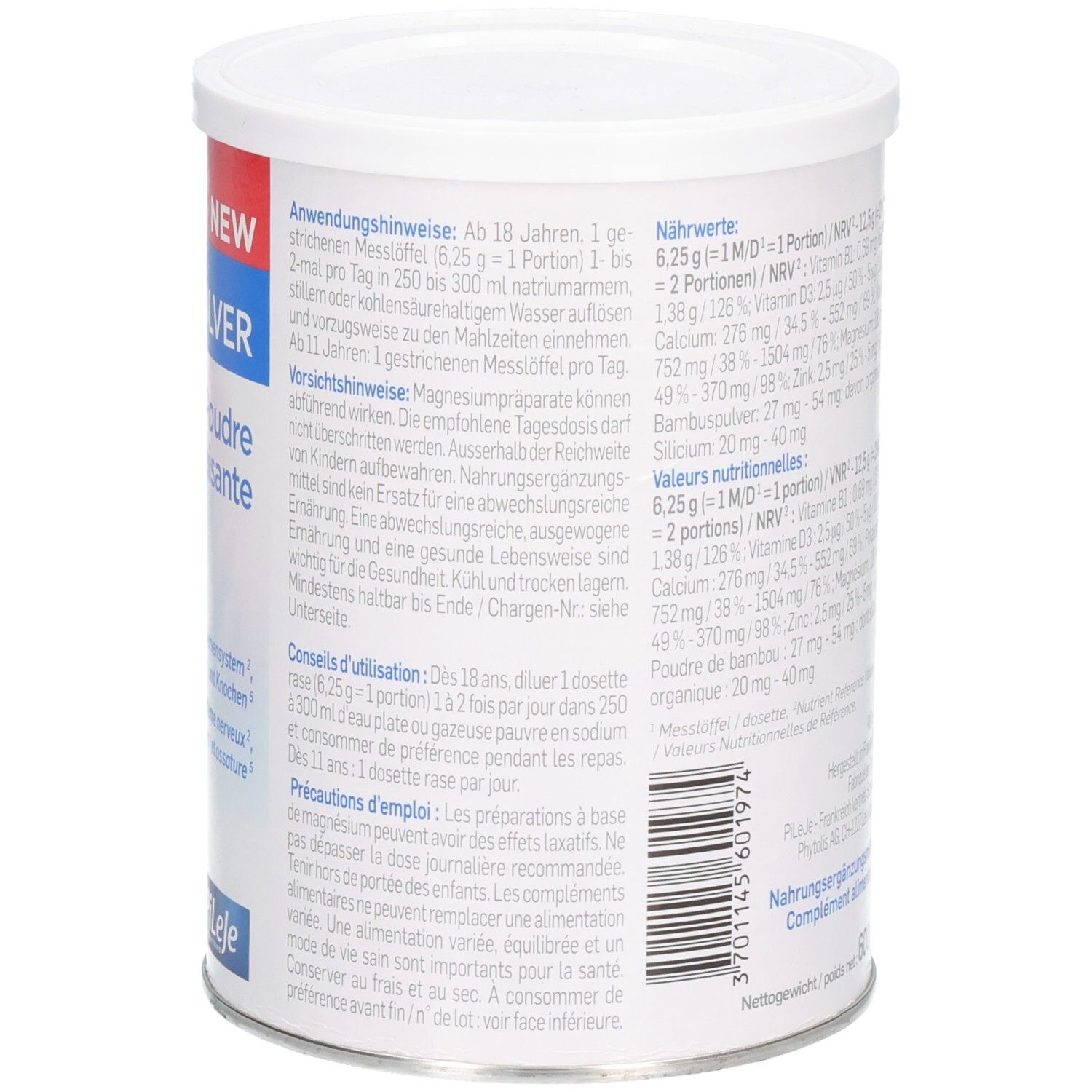 Zylindrische Dose, weißer Deckel. Text und Nährwertangaben. Logo Pileje. Aufschrift: 600g. Hergestellt in Frankreich.