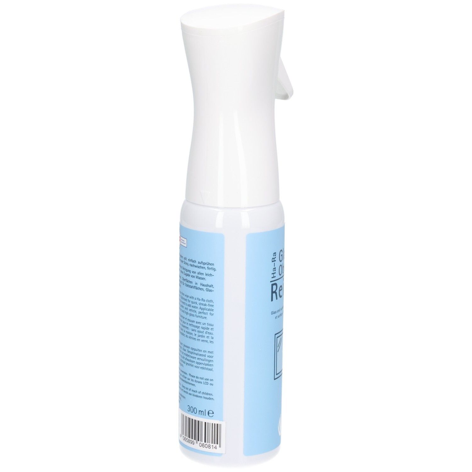 Weiße Sprühflasche mit blauem Etikett und Text. 300 ml.