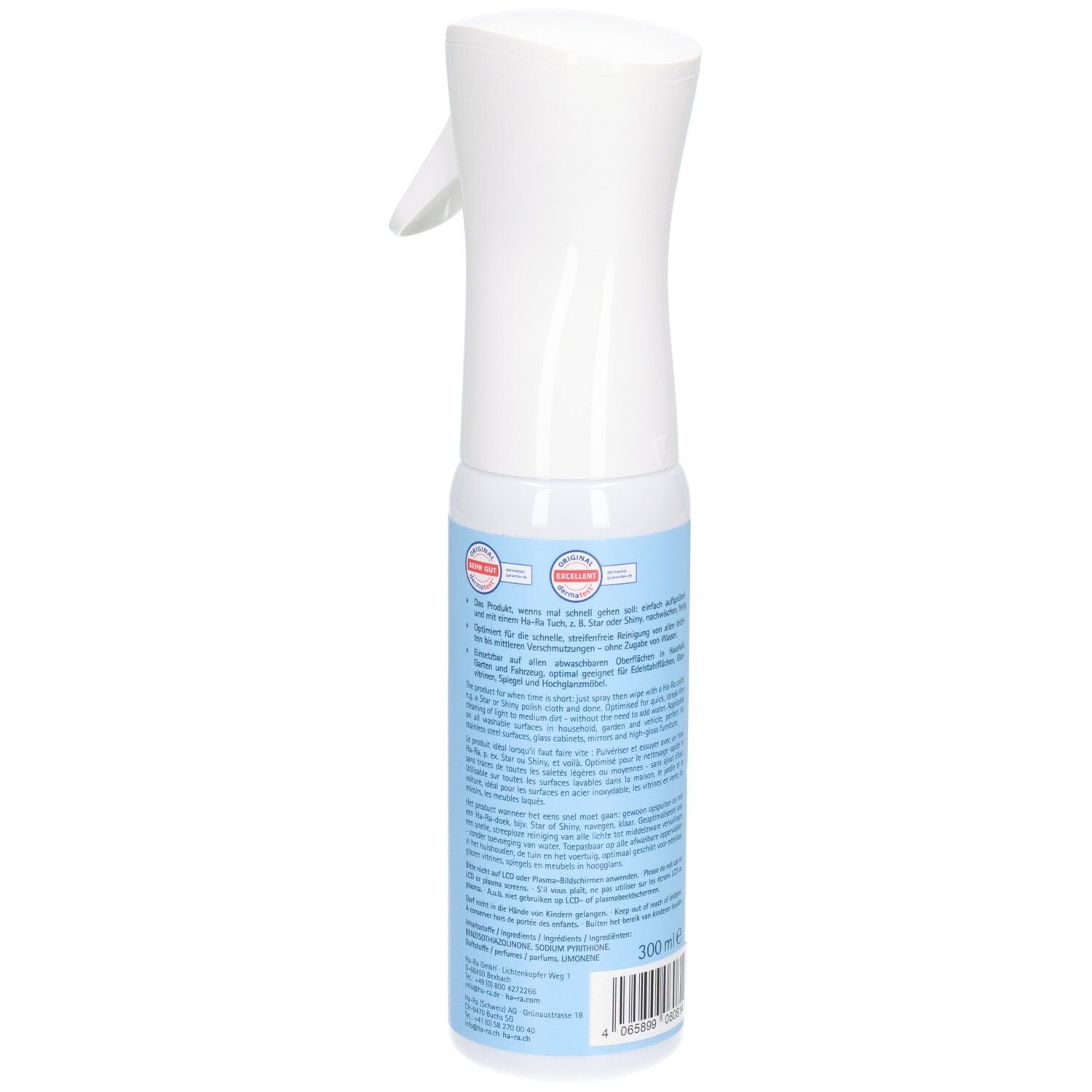 Weiße Sprühflasche mit blauem Etikett und Informationen, 300ml Inhalt.