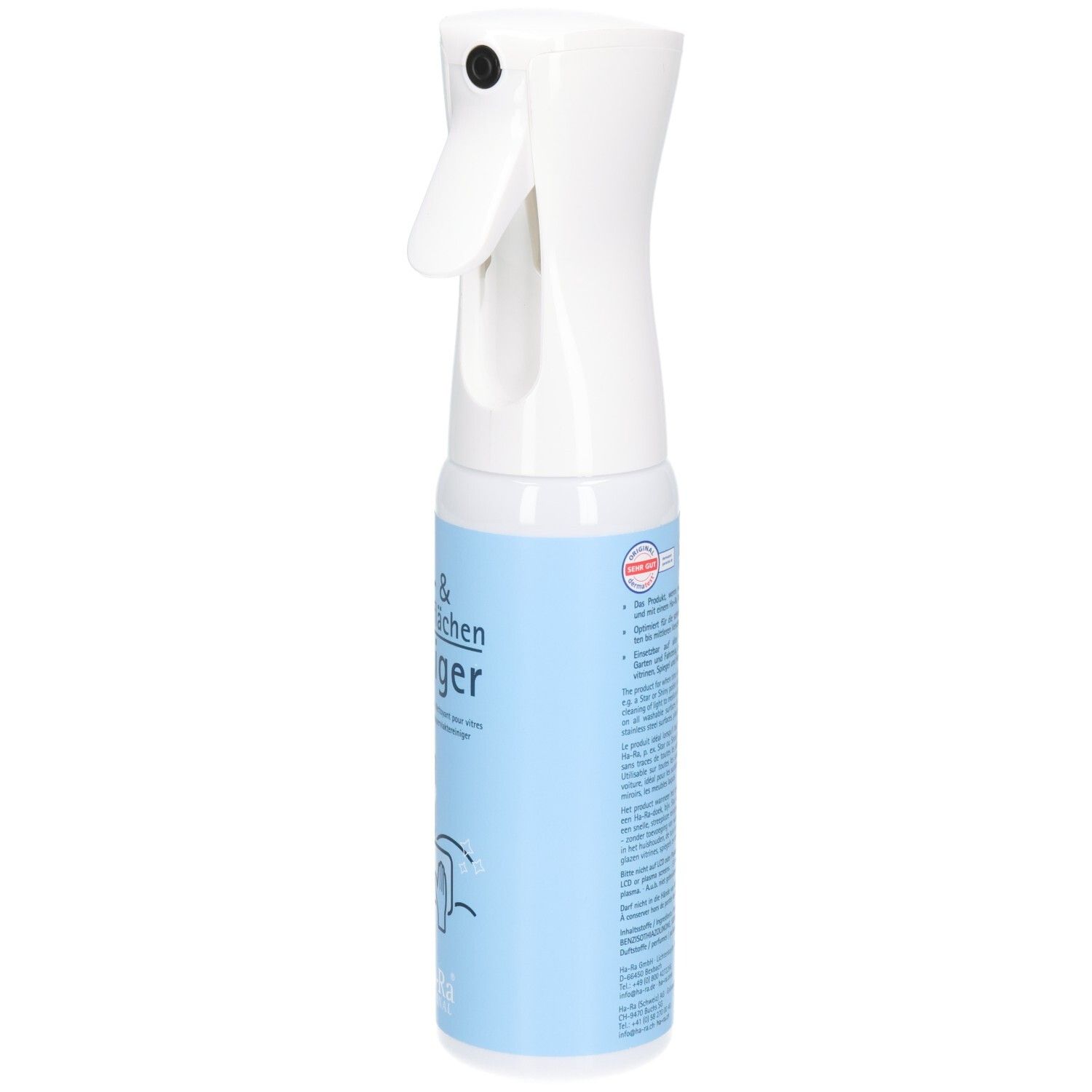 Weiße Sprühflasche mit blauem Etikett und weißem Sprühkopf. Enthält Text und ein Qualitätssiegel.