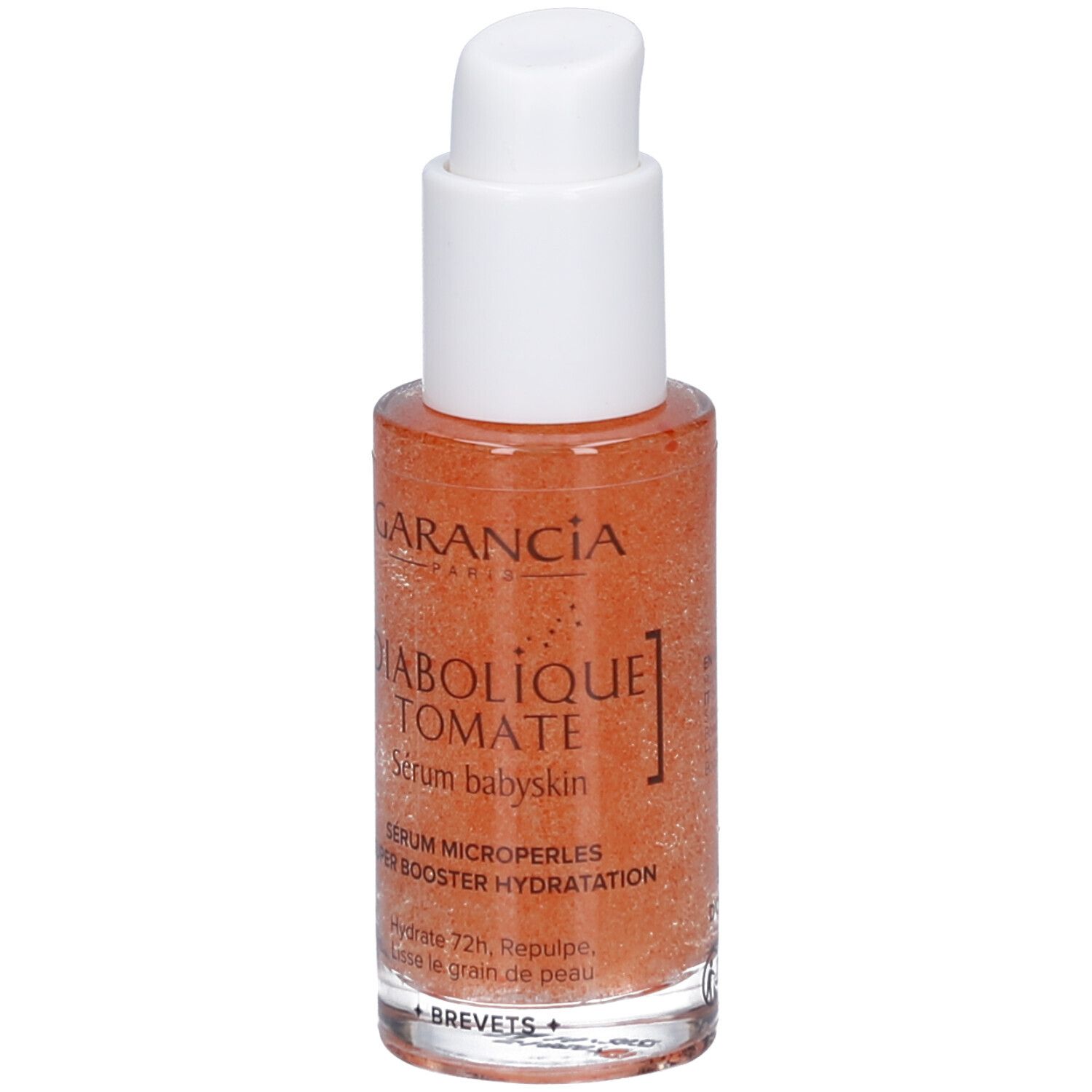 Garancia Diabolique Tomate Sérum Baby Skin. Flasche mit Pumpe, orangefarbenes Serum. Transparente Basis, weißer Deckel.