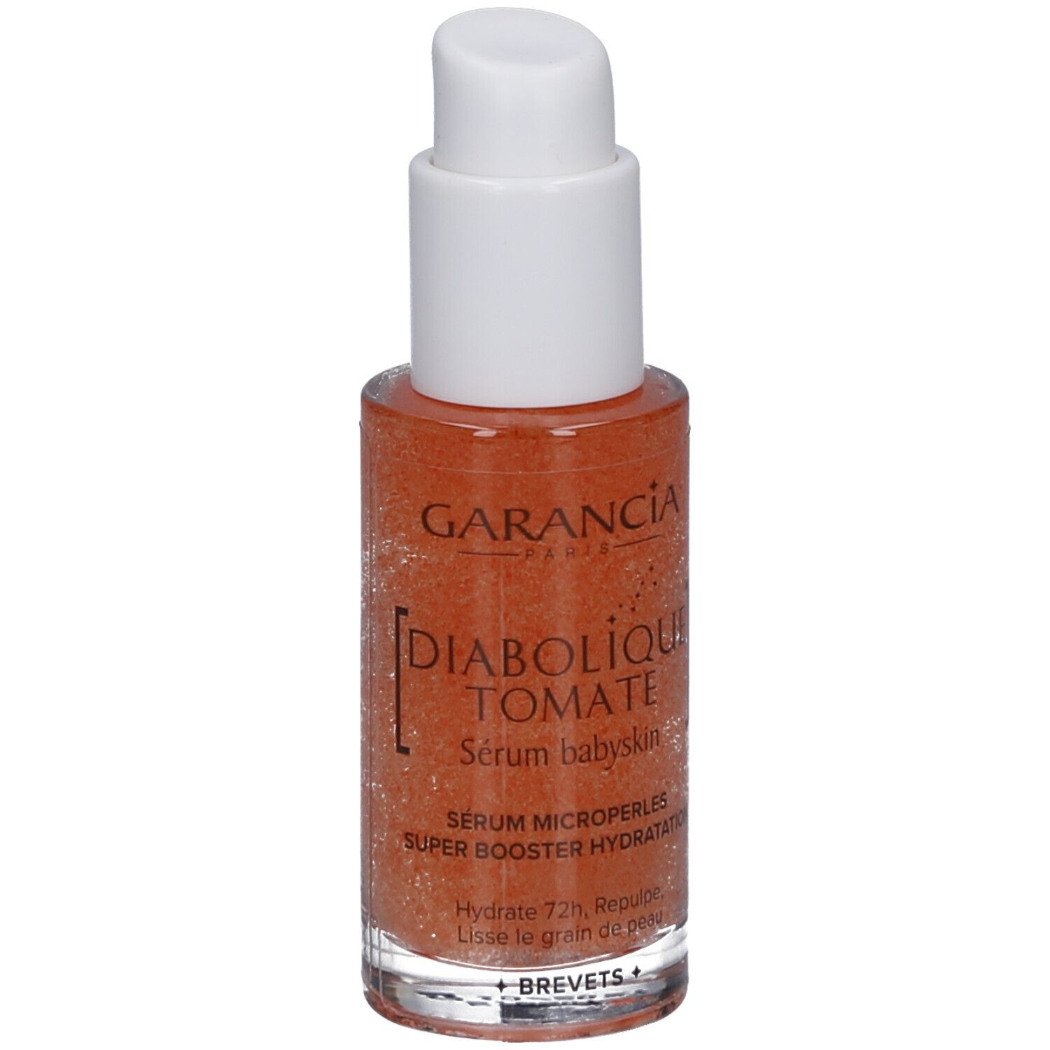 Garancia Diabolique Tomate Sérum Baby Skin. Flasche mit Pumpe, orangefarbenes Serum. Transparente Basis, weißer Deckel.