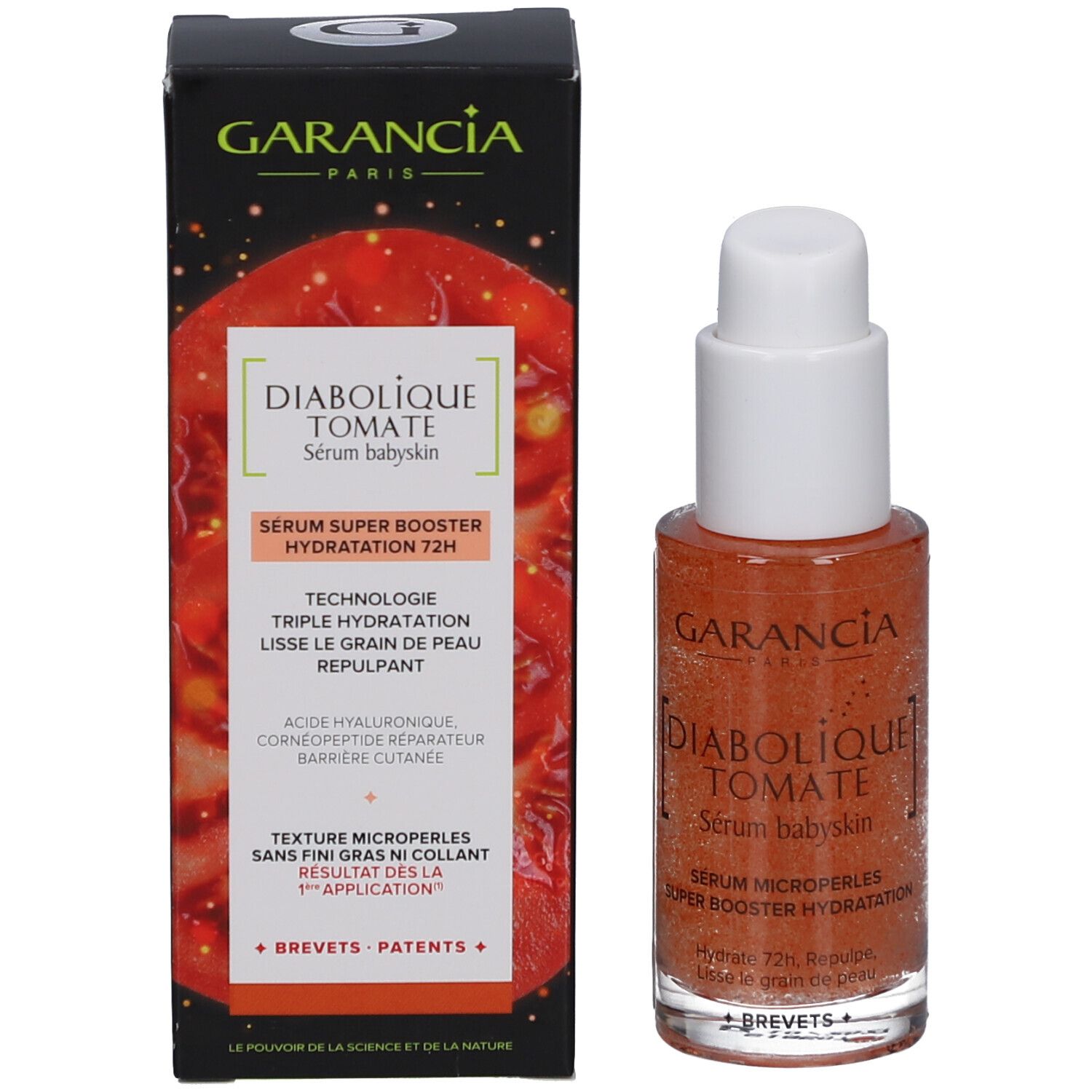 Garancia Diabolique Tomate Sérum Baby Skin und Verpackung. Flasche mit Pumpe, orangefarbenes Serum. Karton mit Produktinformationen.