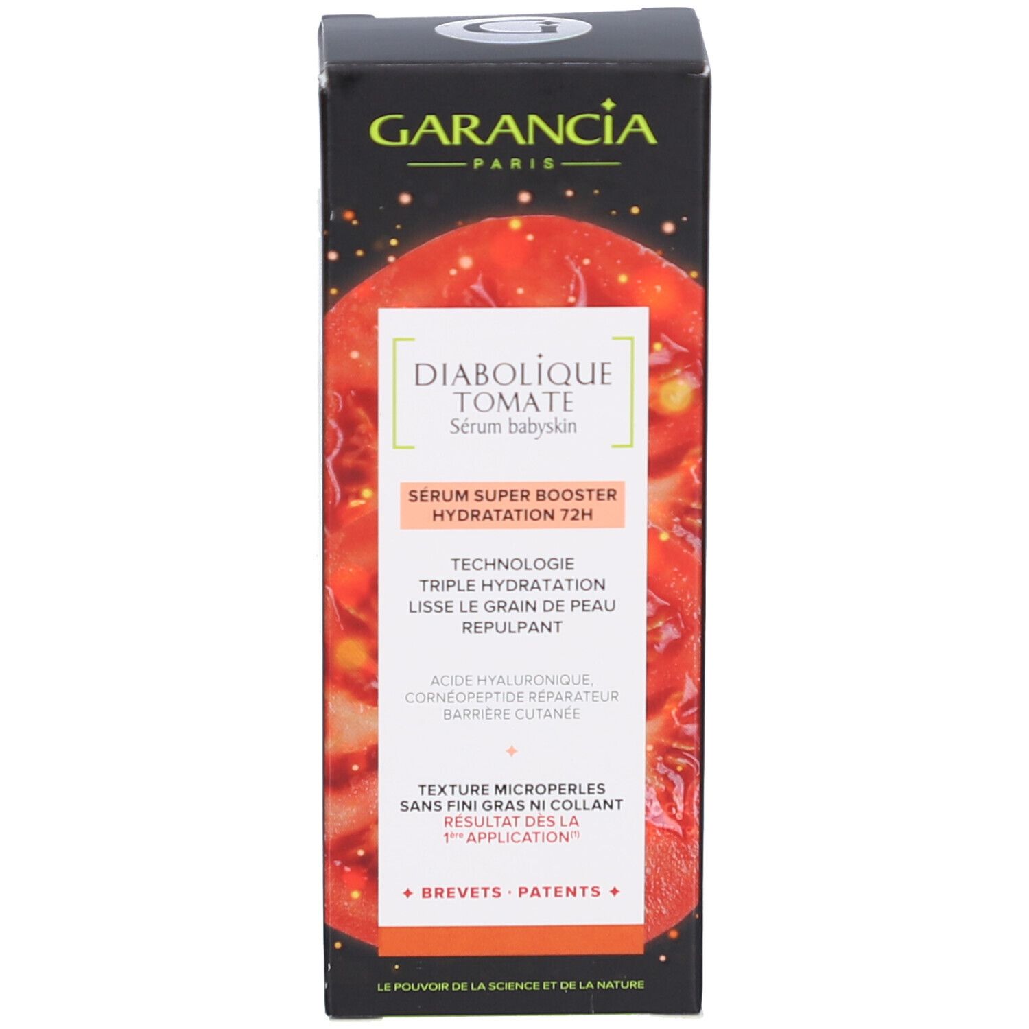 Verpackung von Garancia Diabolique Tomate Sérum Baby Skin. Schwarzer Karton mit Produktinformationen und Tomaten-Illustration.