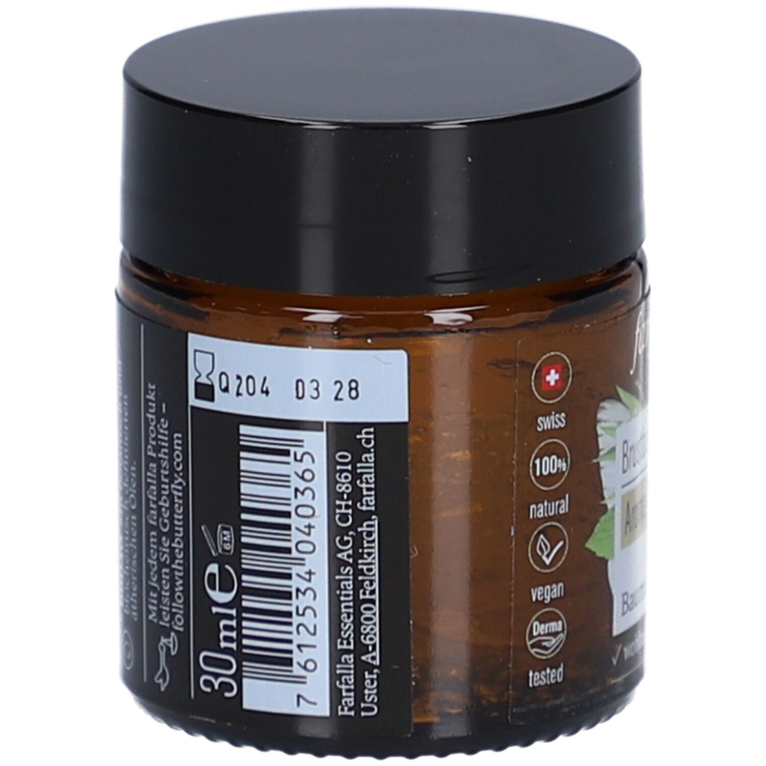 Braunglas mit schwarzem Deckel. Aufkleber mit Text und Barcode. Text: 30 ml. Logos: Swiss, 100% natural, vegan, Derma tested.