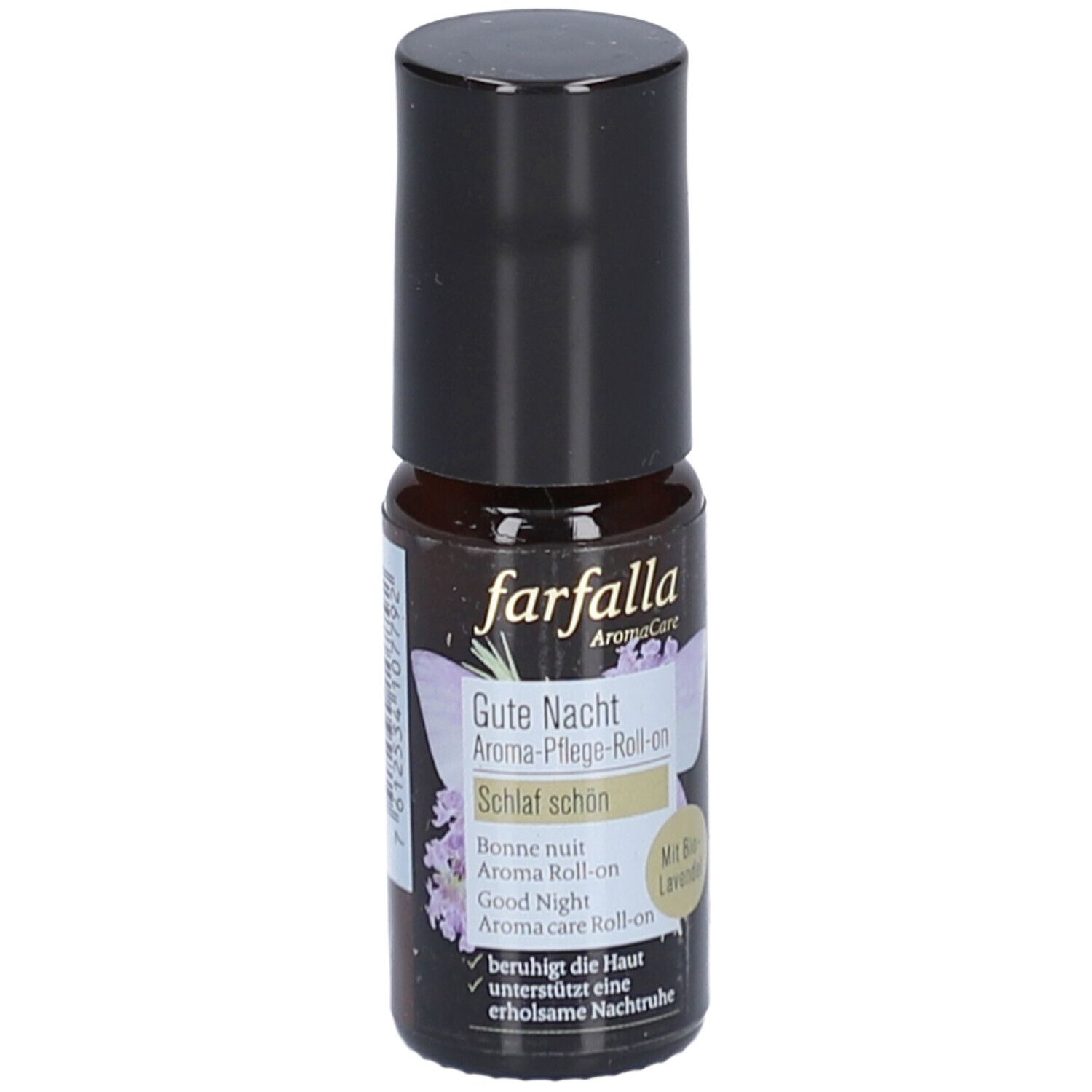 Braune Glasflasche mit schwarzem Deckel. Aufschrift: Farfalla Aroma-Pflege-Roll-On Gute Nacht. Mit Lavendel.