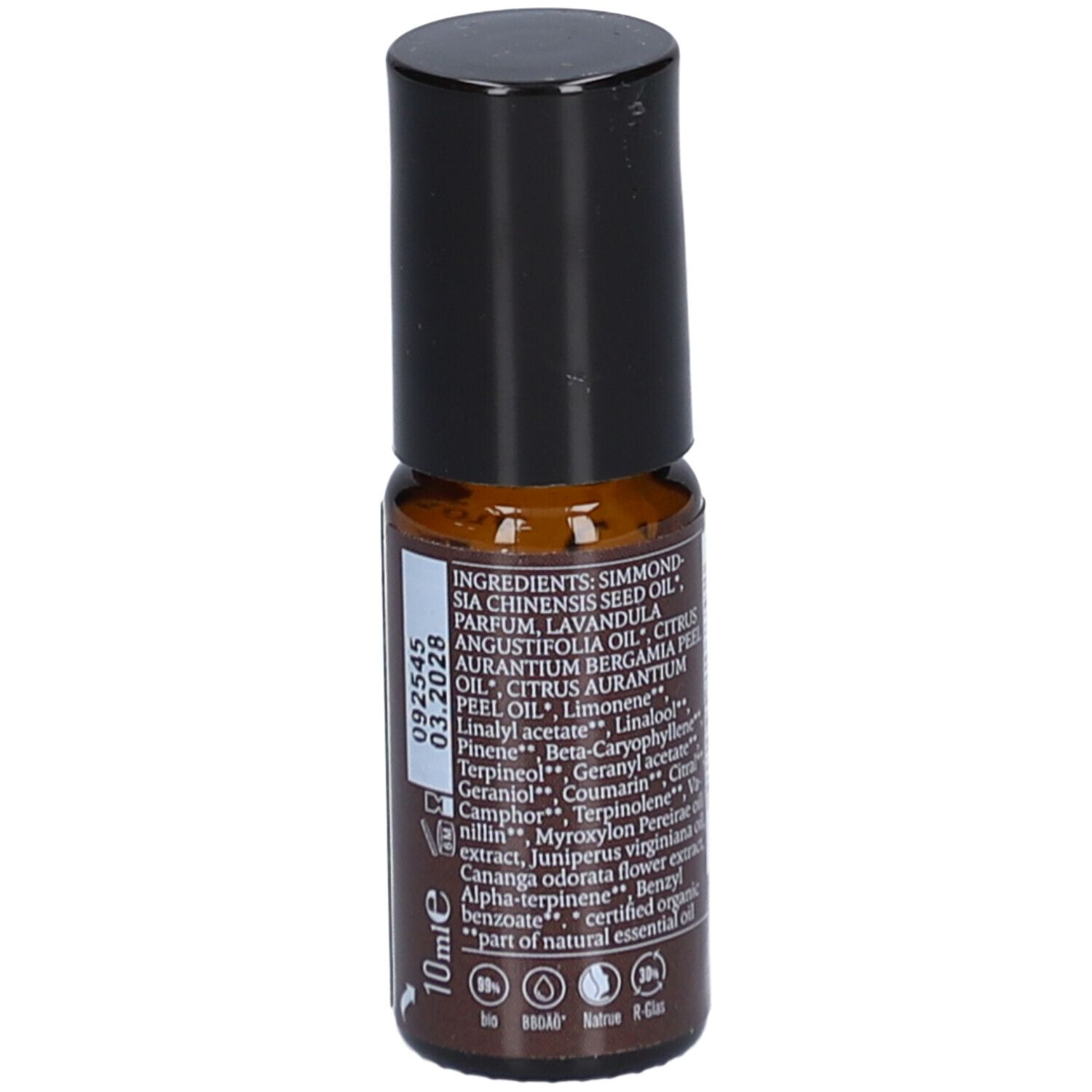 Braune Glasflasche mit schwarzem Deckel. Etikett mit Inhaltsstoffen, Chargennummer und Ablaufdatum. 10ml.