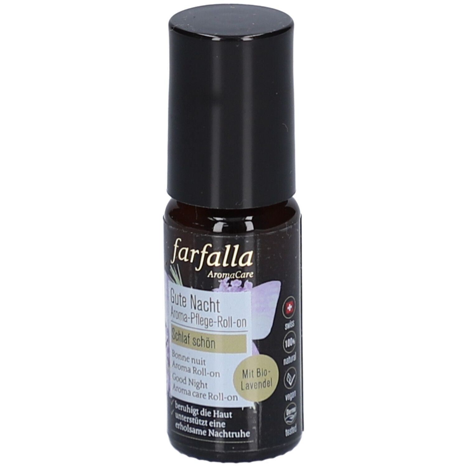 Braune Glasflasche mit schwarzem Deckel. Aufschrift: Farfalla Aroma-Pflege-Roll-On Gute Nacht. Mit Bio-Lavendel.