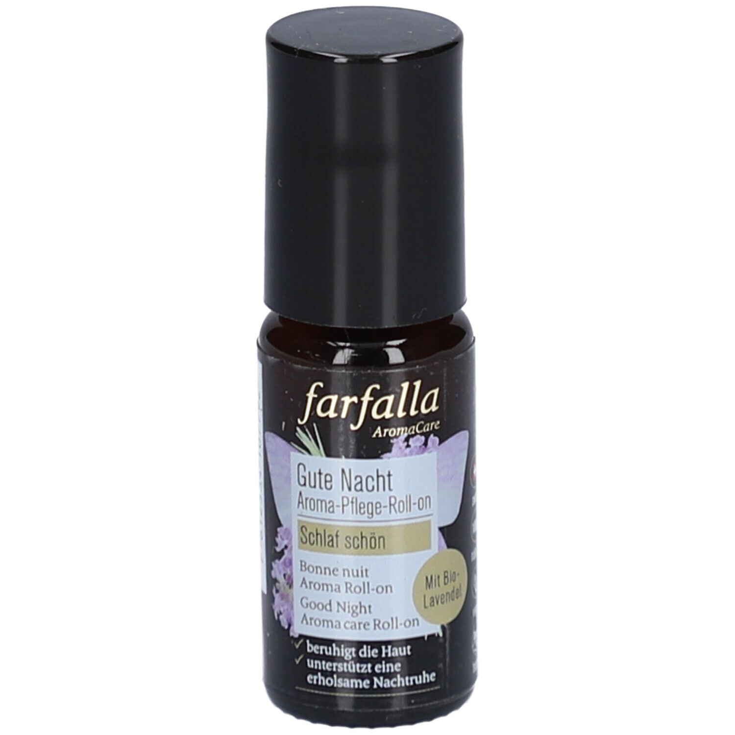 Braune Glasflasche mit schwarzem Deckel. Aufschrift: Farfalla Aroma-Pflege-Roll-On Gute Nacht. Mit Lavendel.