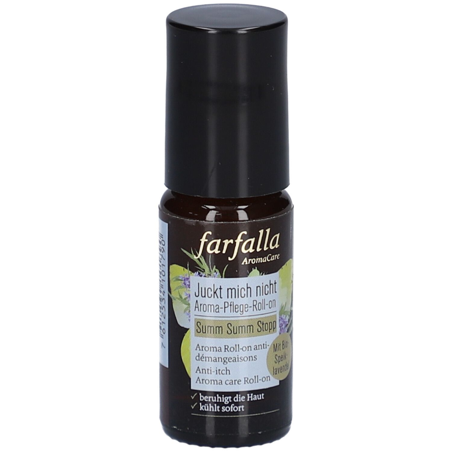 Braune Roll-on-Flasche mit schwarzem Deckel. Aufschrift: farfalla, Aroma-Pflege-Roll-on, Juckt mich nicht, Summ Summ Stopp.