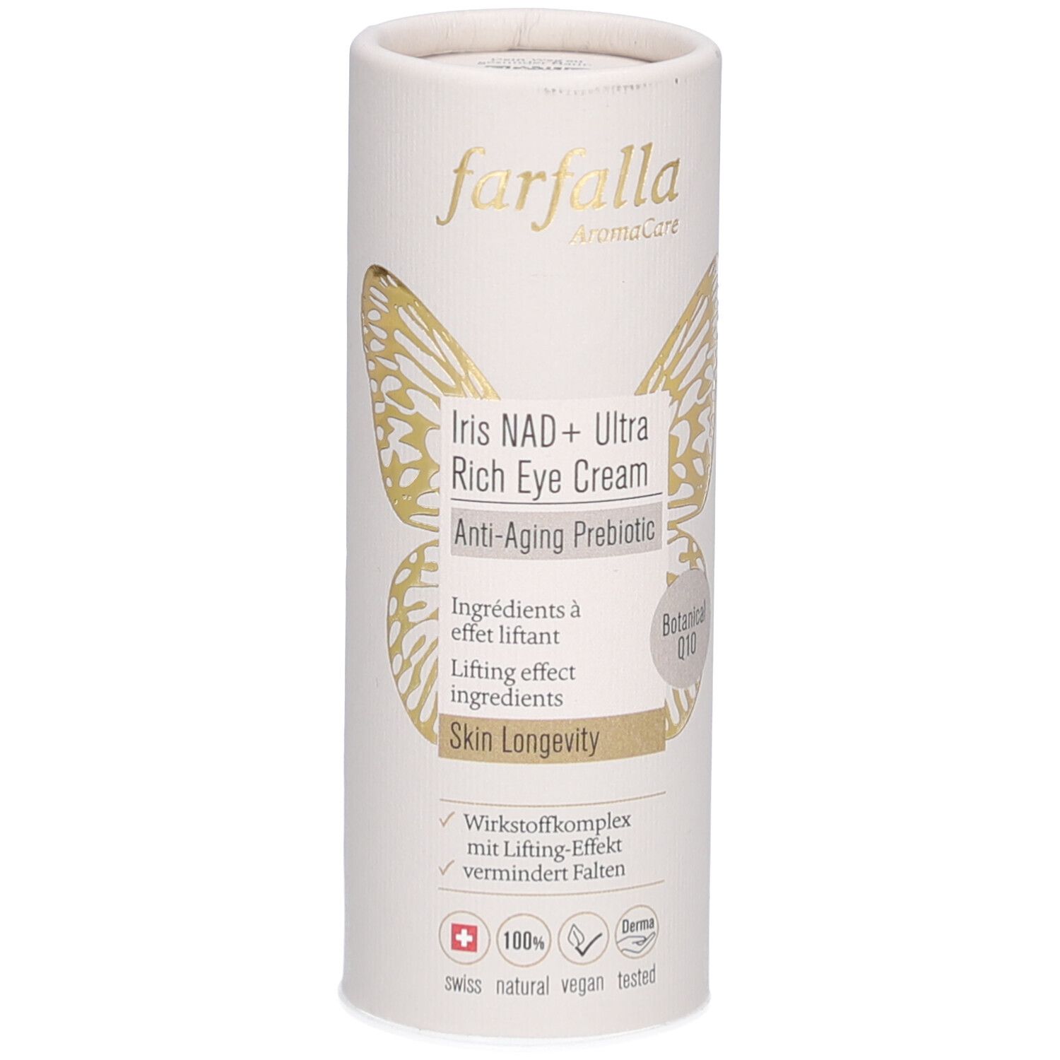Zylindrische Verpackung. Oben: Marke Farfalla. Goldener Schmetterling. Produktname: Iris NAD+ Ultra Rich Eye Cream. Text: Anti-Aging Prebiotic, Skin Longevity.