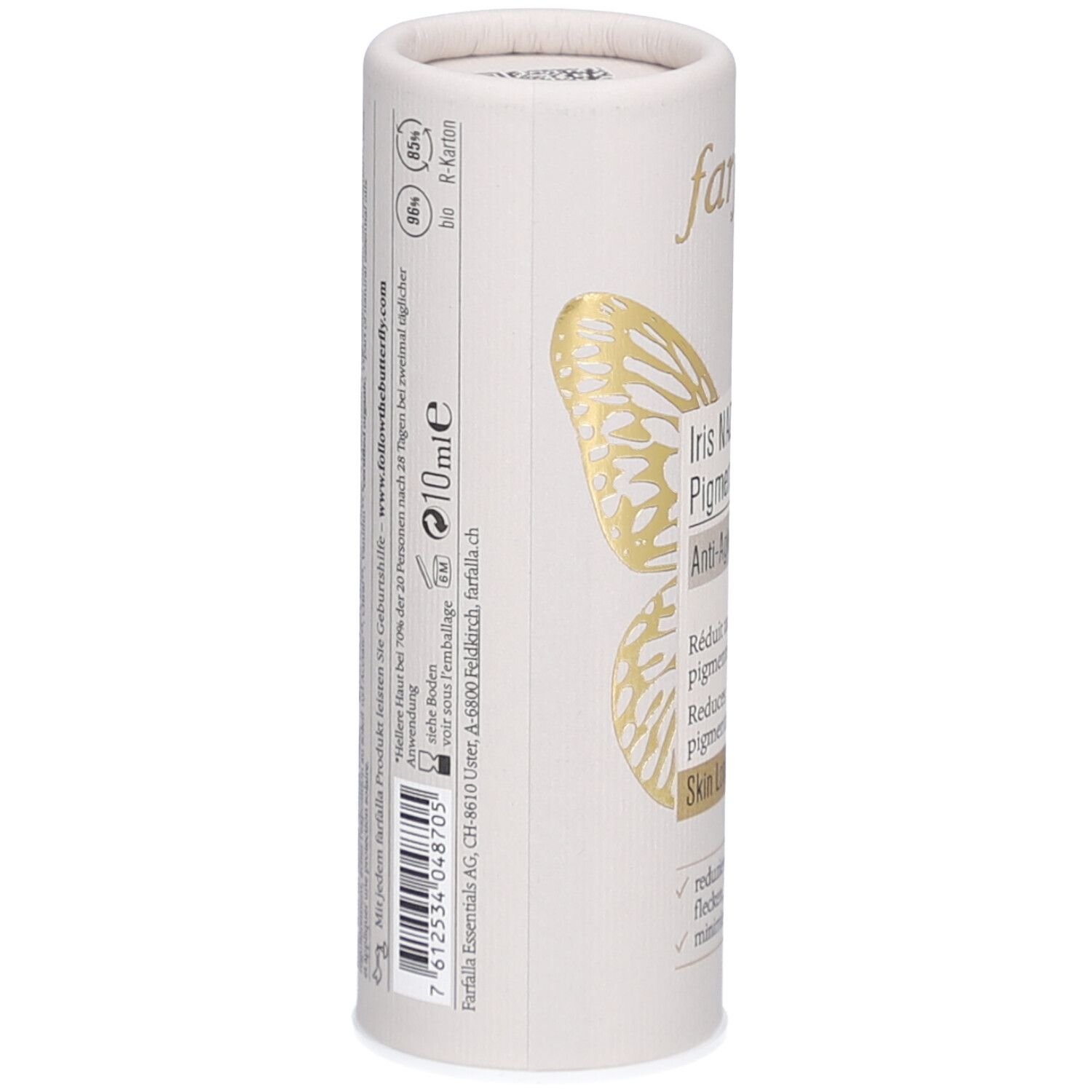 Zylindrische Verpackung, Seitenansicht. Text: 10ml, Bio-Siegel, Inhaltsstoffe, Herstellerinformationen, Barcode.