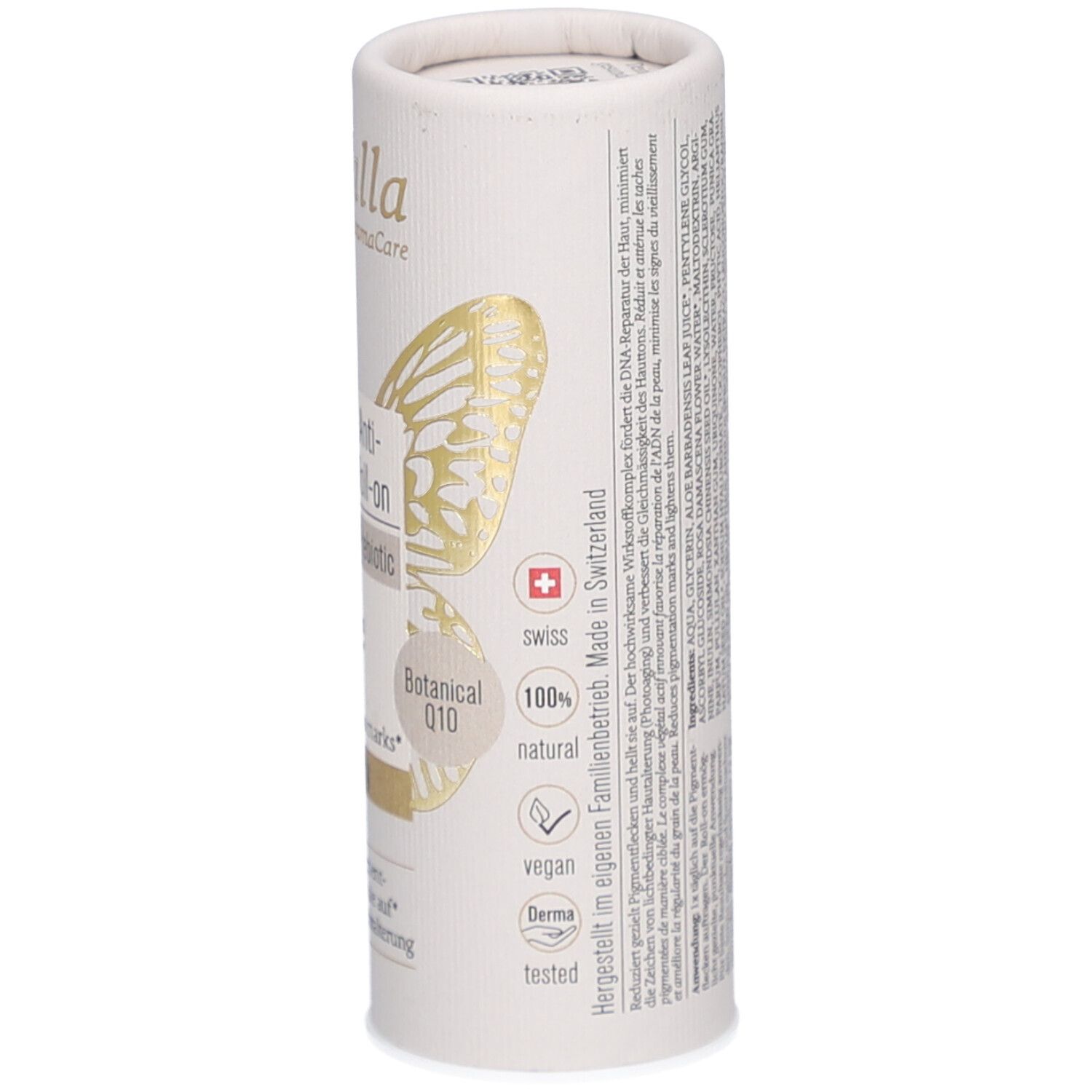 Zylindrische Verpackung, Details. Text: Swiss, 100% natural, vegan, Derma tested, hergestellt in der Schweiz.