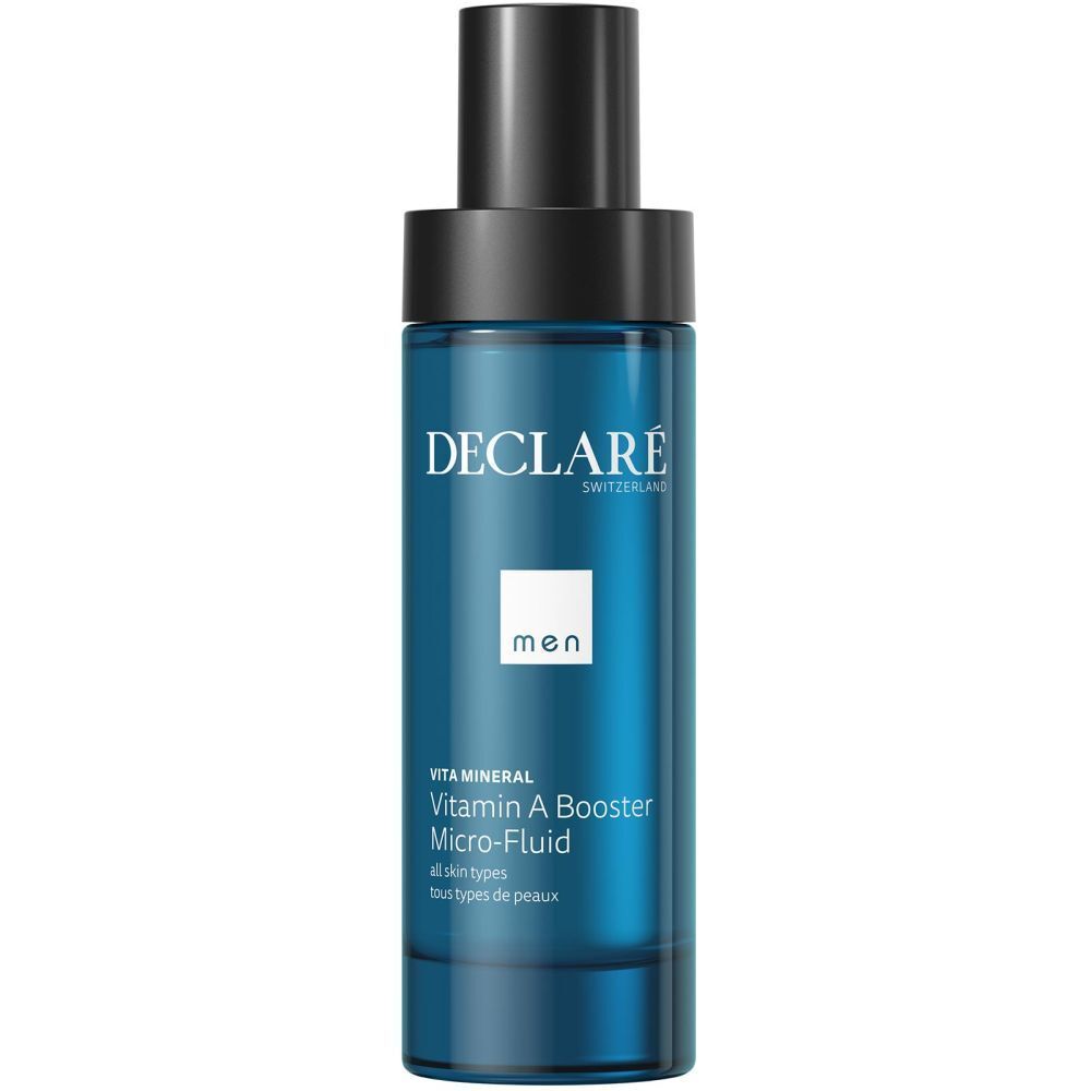 Blaue Flasche mit schwarzem Deckel. Aufschrift: DECLARÉ, men, Vita Mineral, Vitamin A Booster Micro-Fluid.