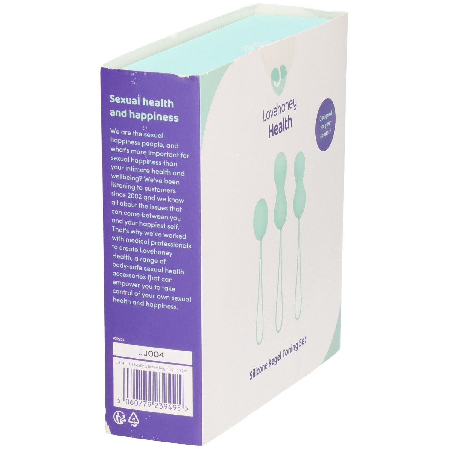 Seite der LOVEHONEY Health Verpackung. Text über sexuelle Gesundheit und Glück. Logo und Produktabbildung.