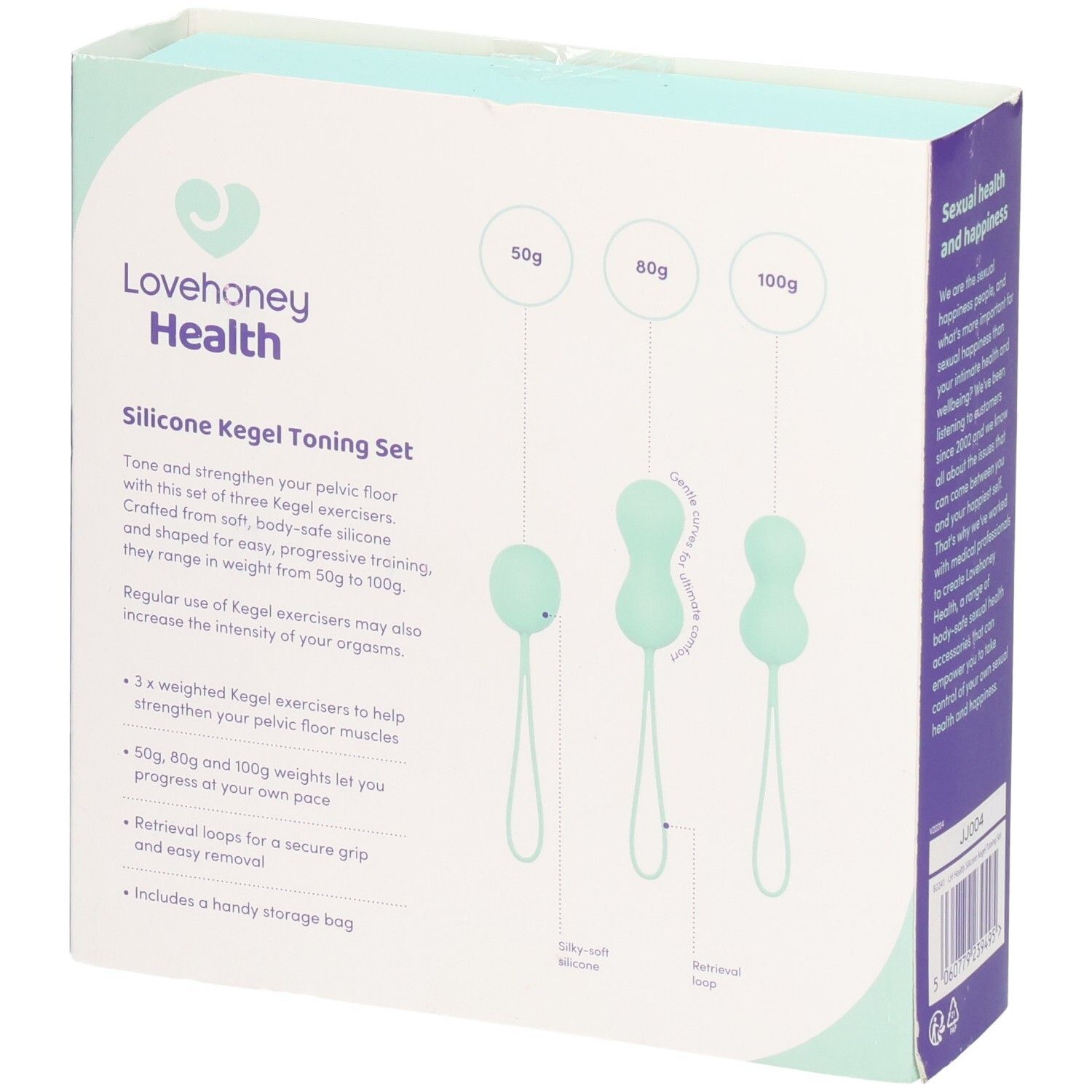 Rückseite der LOVEHONEY Health Verpackung. Drei Kegel-Eier mit Gewichtsangaben. Text über das Training der Beckenbodenmuskulatur.