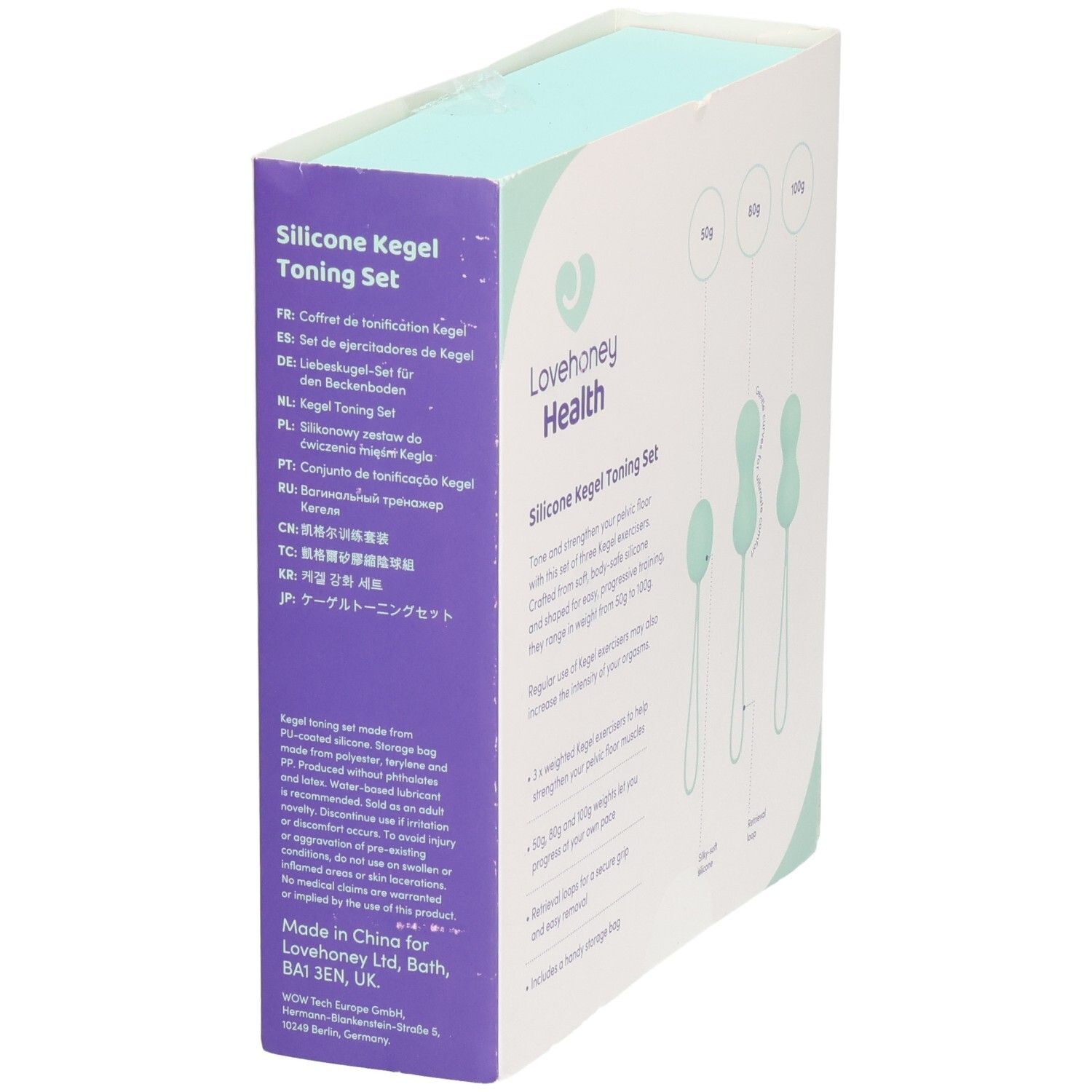 Seite der LOVEHONEY Health Verpackung. Text in verschiedenen Sprachen. Abbildung der Kegel-Eier.