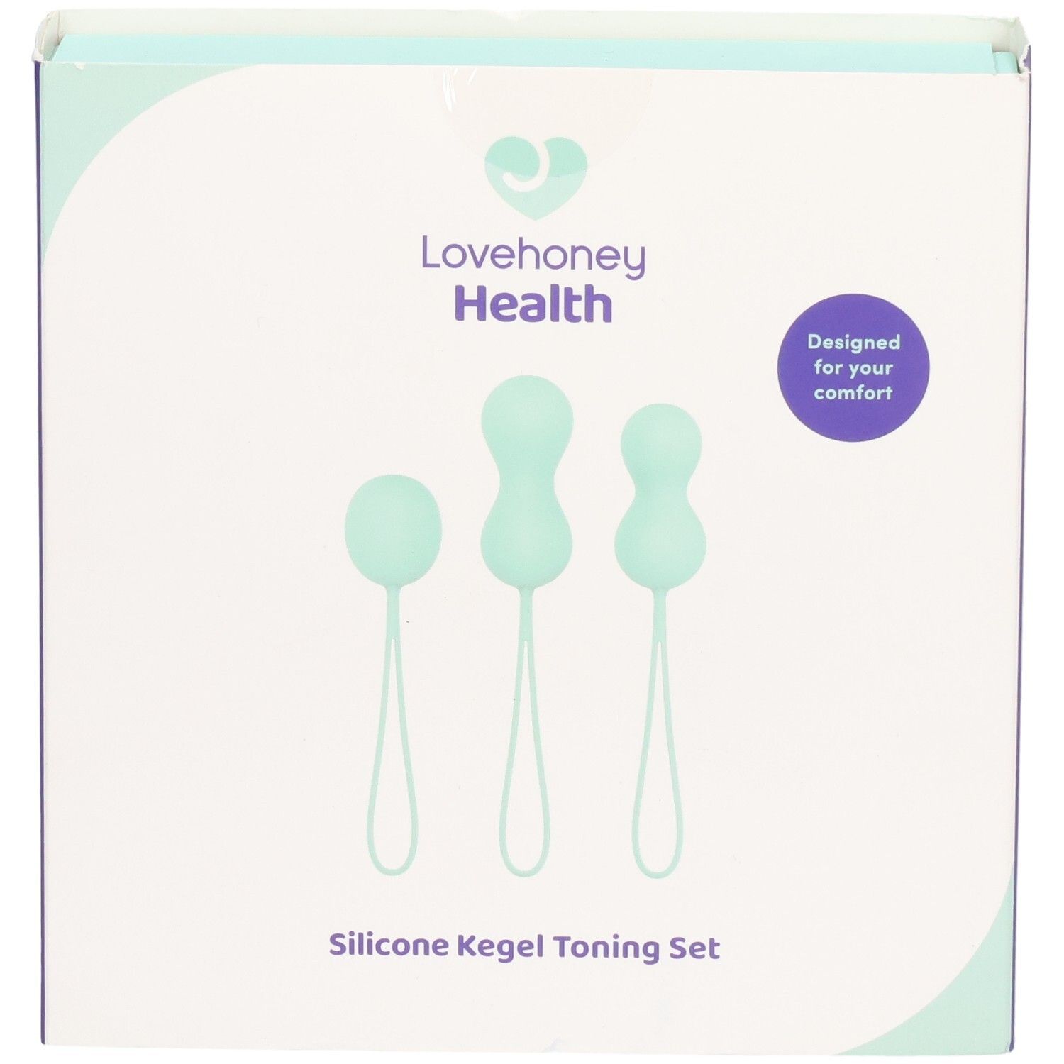 Vorderseite der LOVEHONEY Health Verpackung. Drei mintfarbene Kegel-Eier mit Schlaufen. Aufschrift: Silicone Kegel Toning Set.