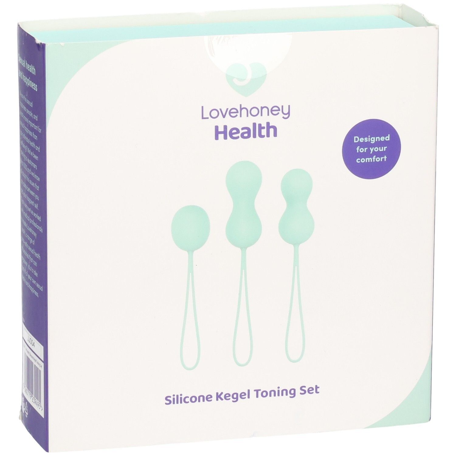 Vorderseite der LOVEHONEY Health Verpackung. Drei mintfarbene Kegel-Eier mit Schlaufen. Aufschrift: Silicone Kegel Toning Set.