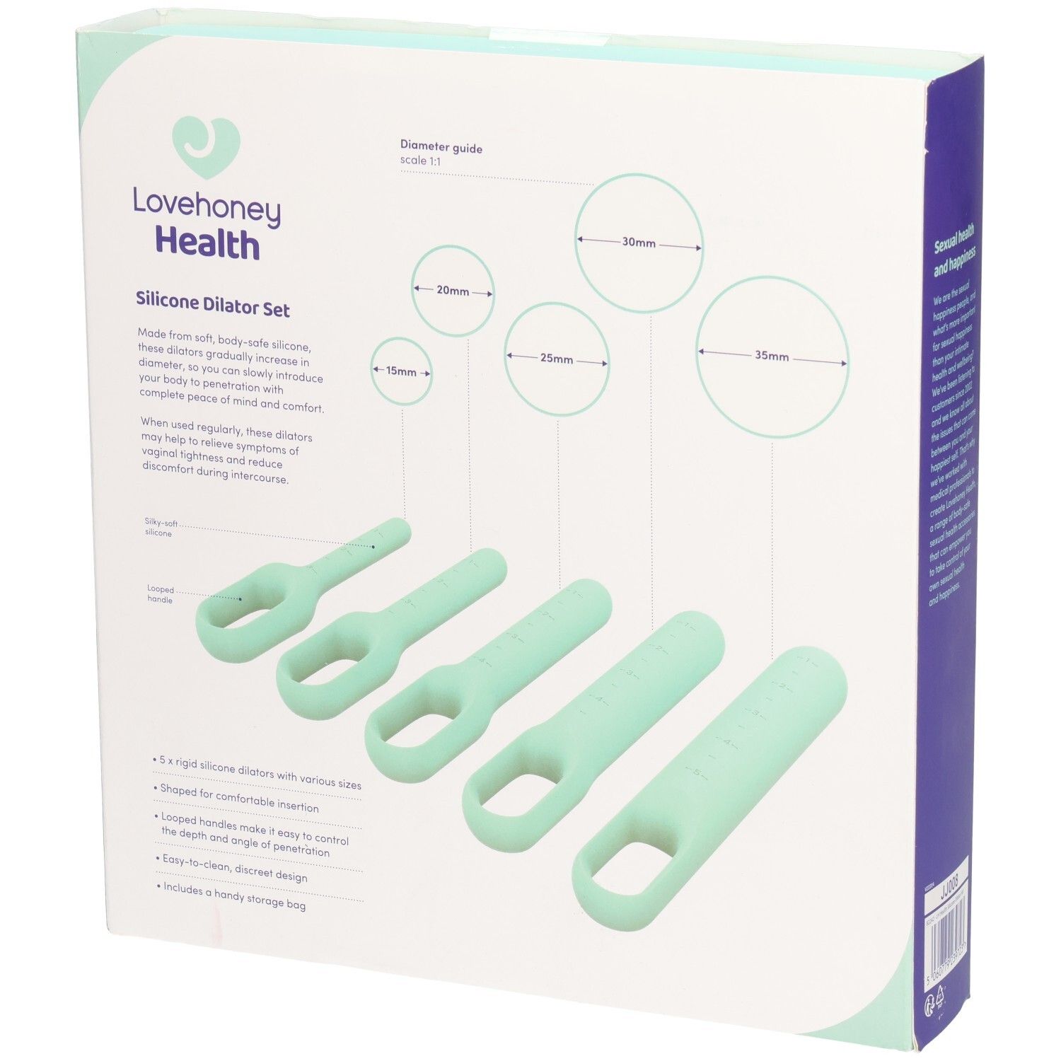 Rückseite der Verpackung mit fünf Silikondilatatoren. Marke: Lovehoney Health. Aufschrift: Silicone Dilator Set. Größenangaben.