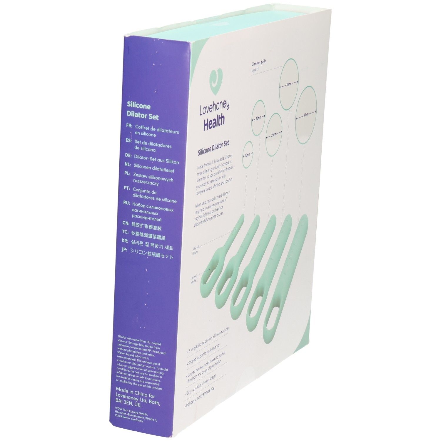 Verpackung mit fünf mintgrünen Silikondilatatoren. Marke: Lovehoney Health. Aufschrift: Silicone Dilator Set. Mehrsprachige Texte.