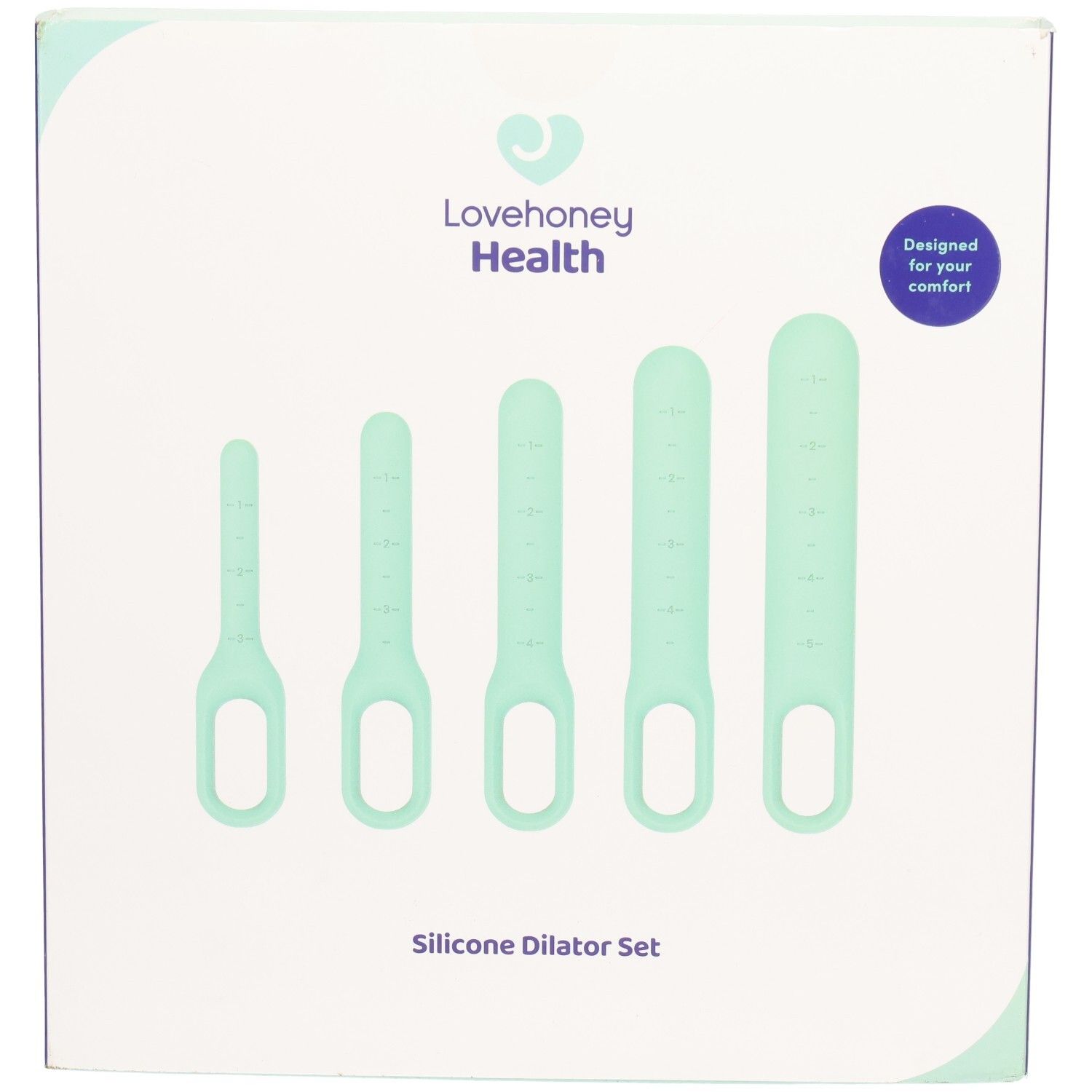 Verpackung mit fünf mintgrünen Silikondilatatoren. Marke: Lovehoney Health. Aufschrift: Silicone Dilator Set.