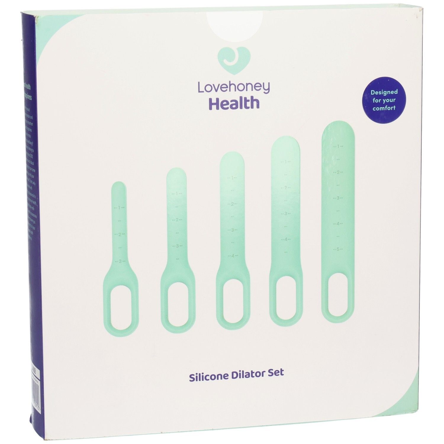 Verpackung mit fünf mintgrünen Silikondilatatoren. Marke: Lovehoney Health. Aufschrift: Silicone Dilator Set.