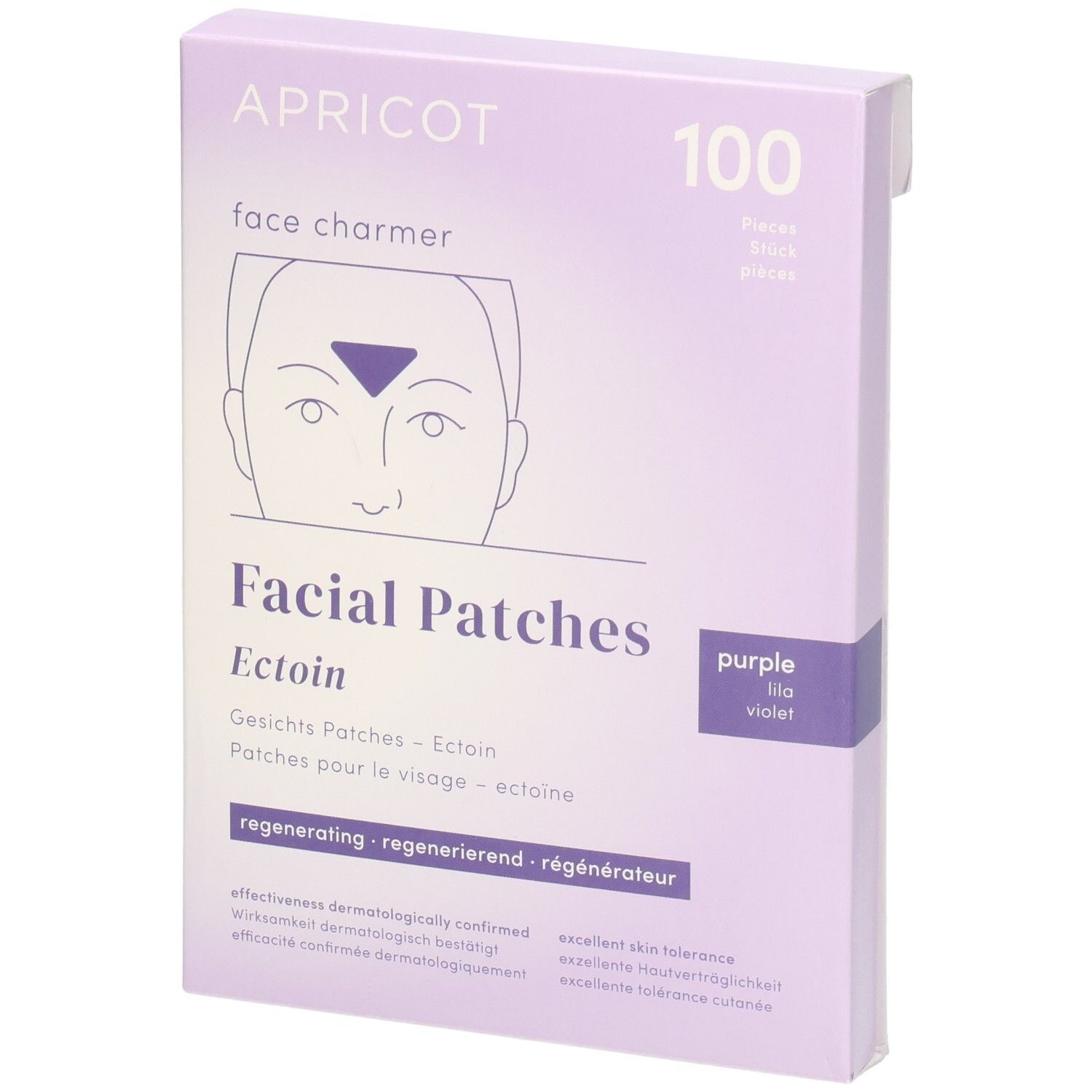 Lila Schachtel mit "APRICOT face charmer" und "Facial Patches Ectoin". 100 Stück.