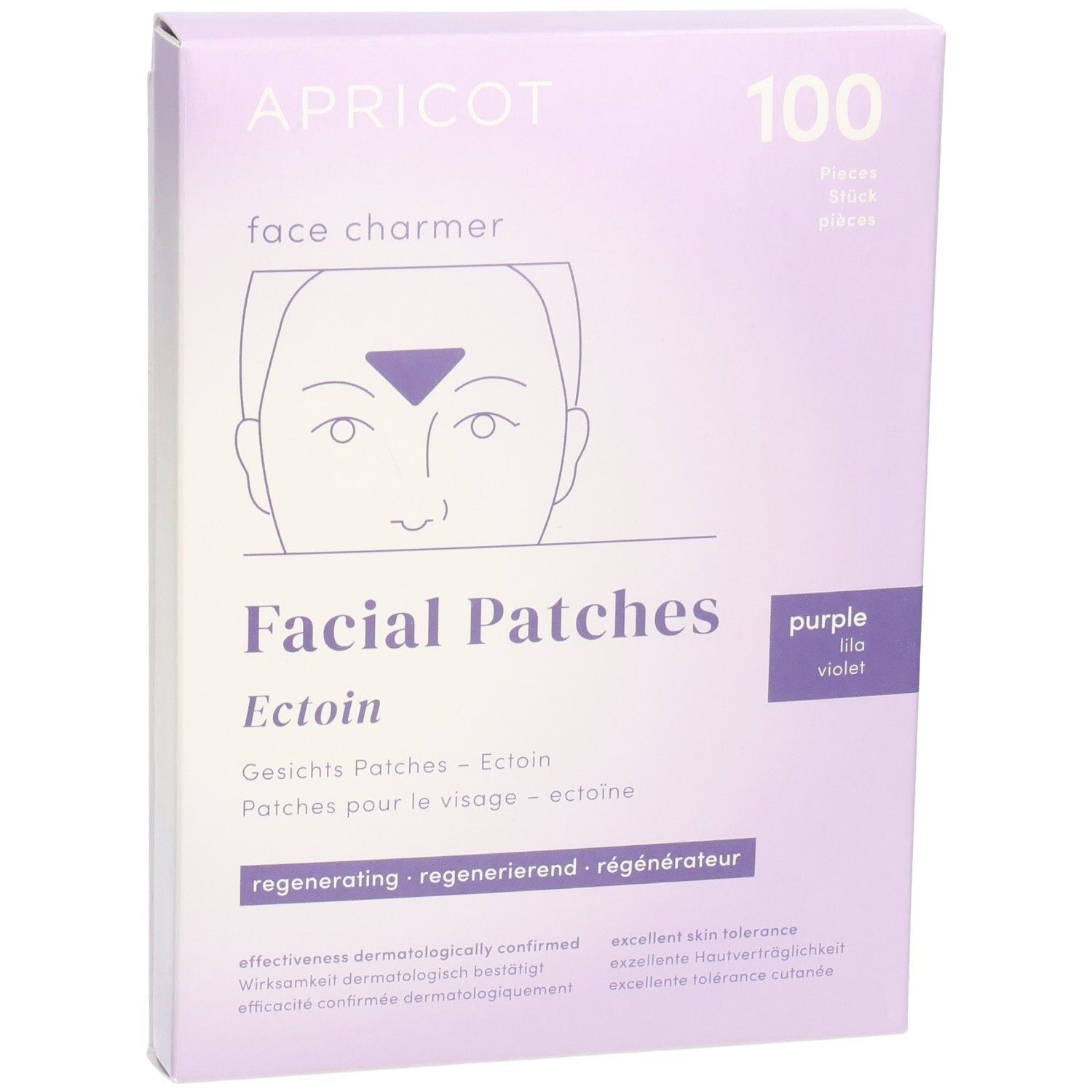 Lila Schachtel mit "APRICOT face charmer" und "Facial Patches Ectoin". 100 Stück.