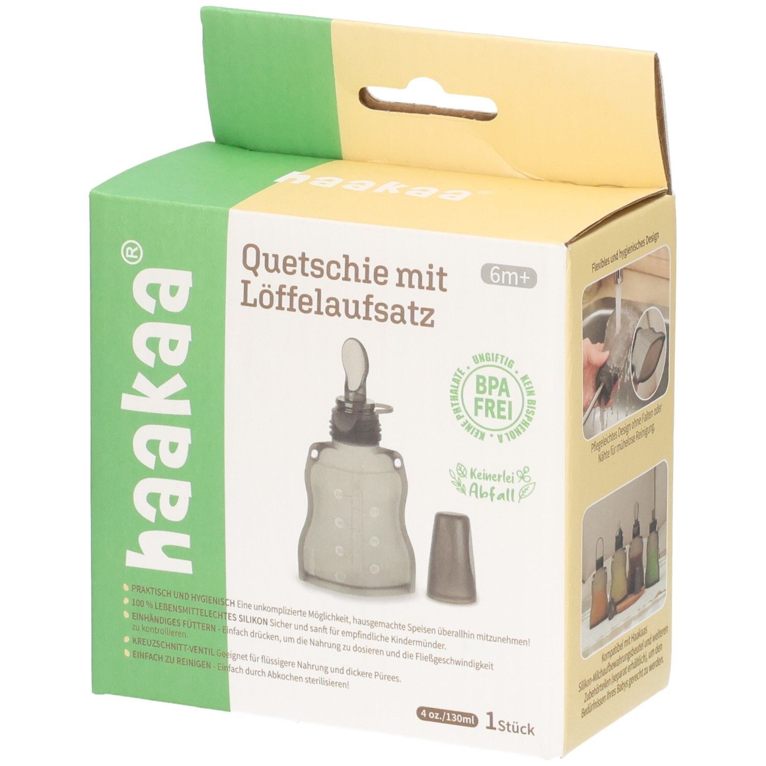 Haakaa Quetschie mit Löffelaufsatz, grau, 130ml, BPA-frei, 6M+.