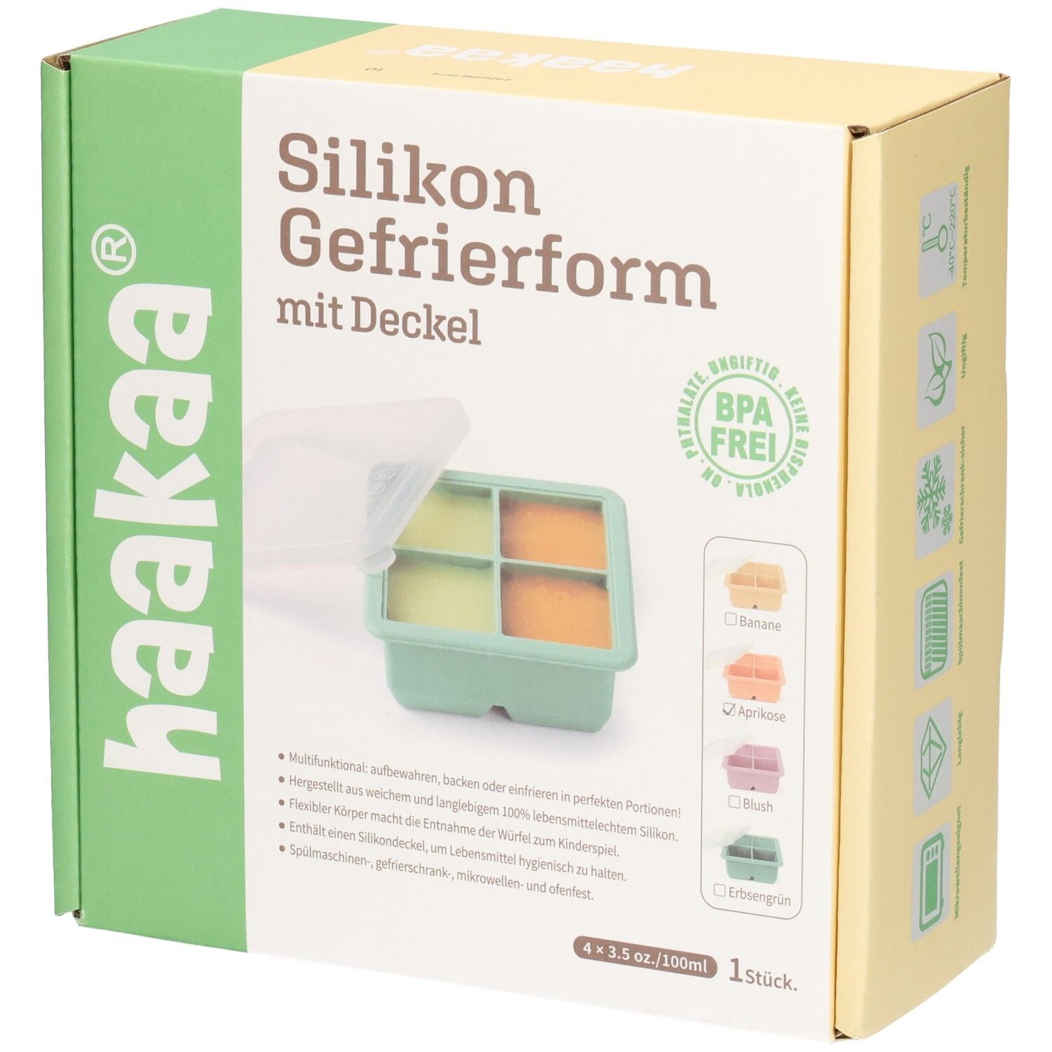 Haakaa Silikon Gefrierform mit Deckel, 4 Fächer, BPA-frei.