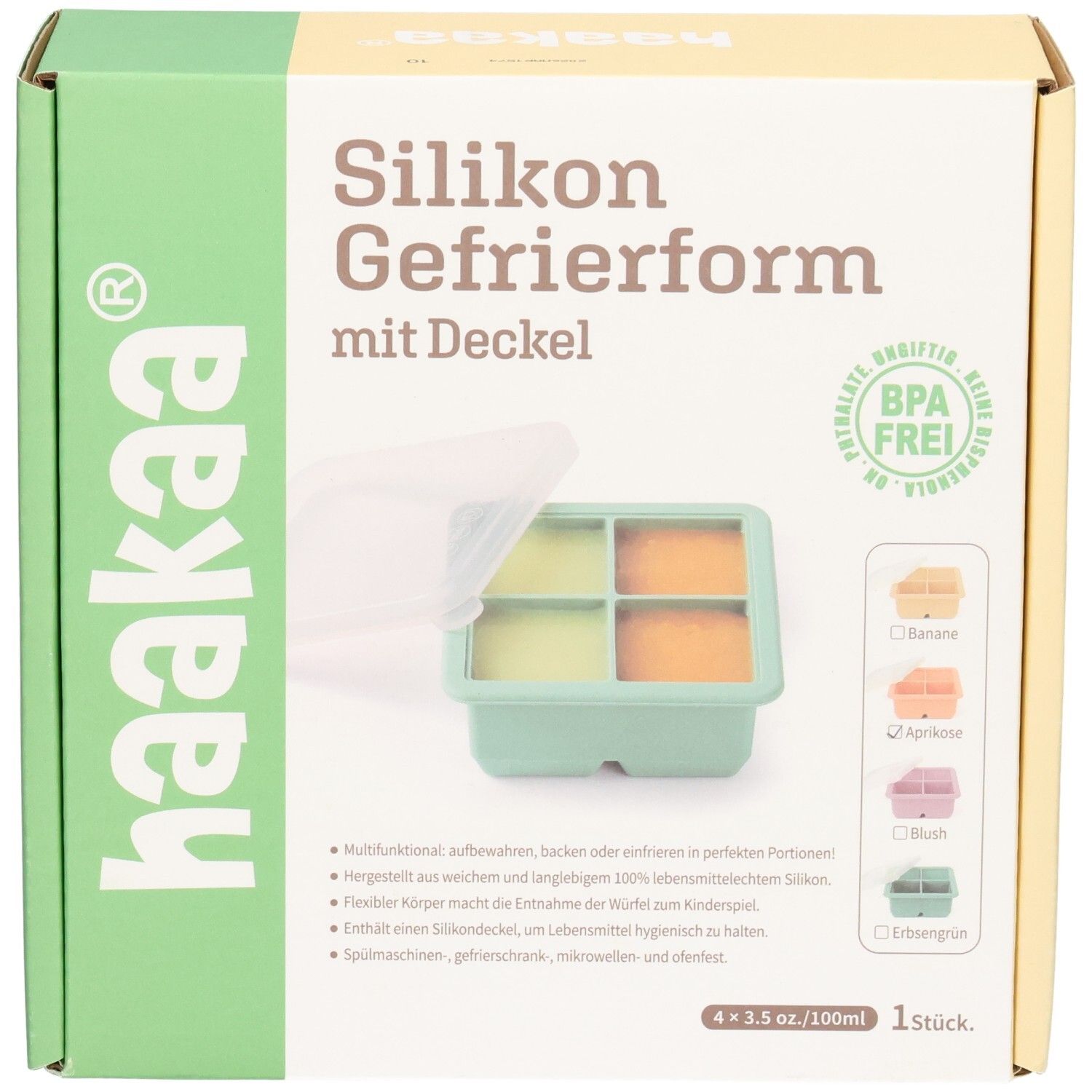 Haakaa Silikon Gefrierform mit Deckel, 4 Fächer, BPA-frei.