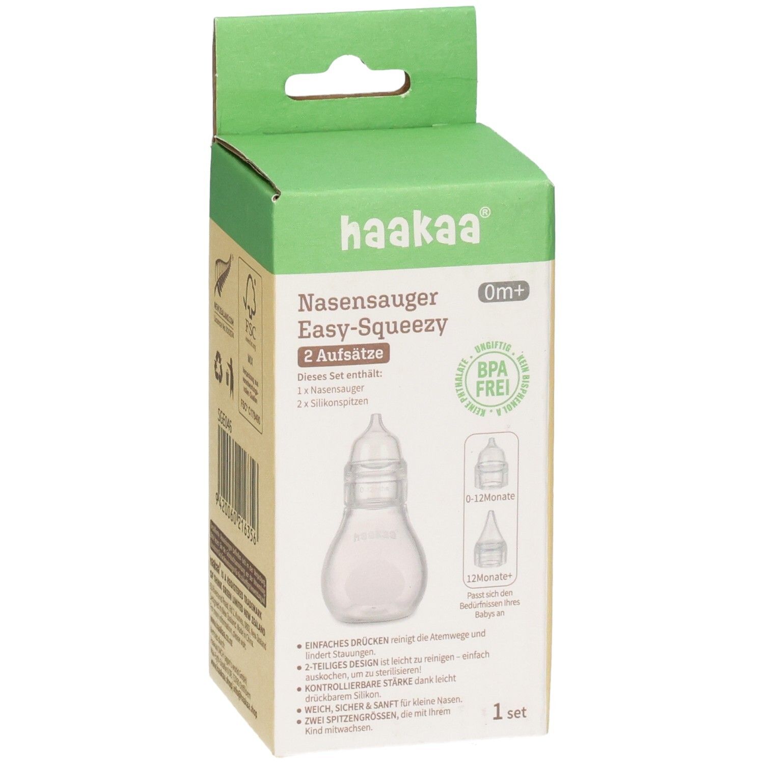 Haakaa Nasensauger Easy-Squeezy Verpackung mit 2 Aufsätzen, BPA-frei, 0m+.