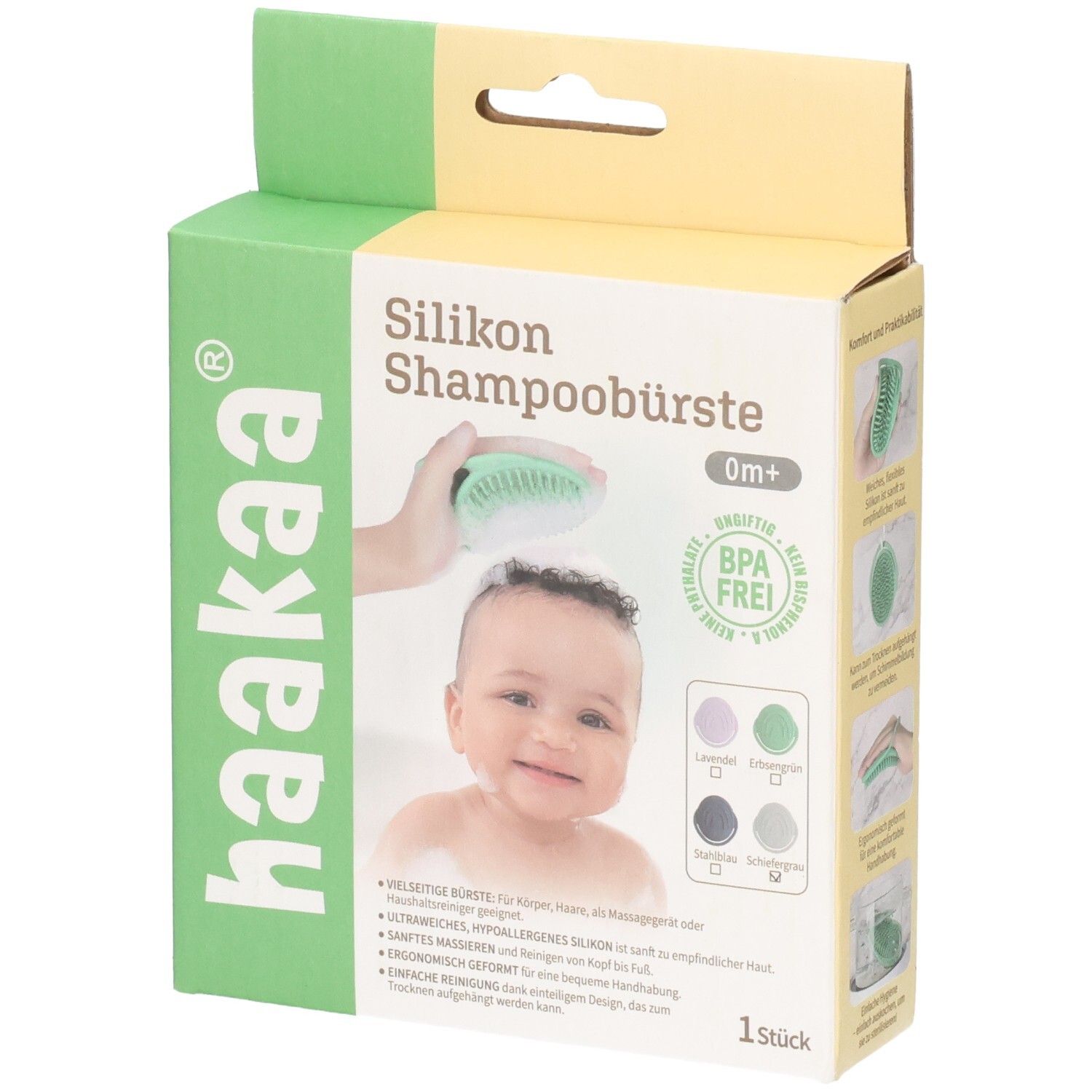 Haakaa Silikon Shampoobürste Verpackung mit Baby-Motiv und Produktinformationen.