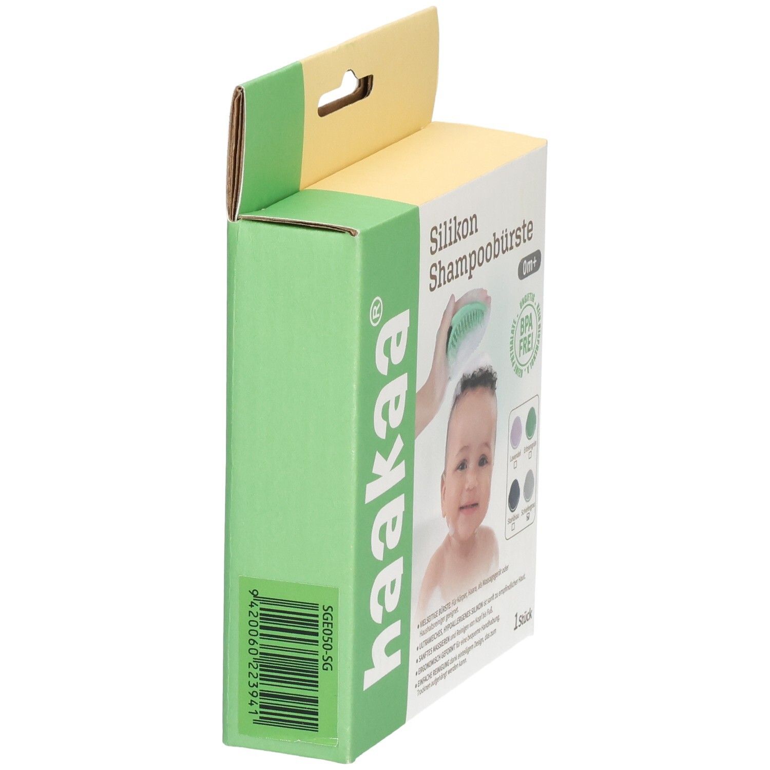 Seitenansicht der Haakaa Silikon Shampoobürste Verpackung mit Barcode und Logo.