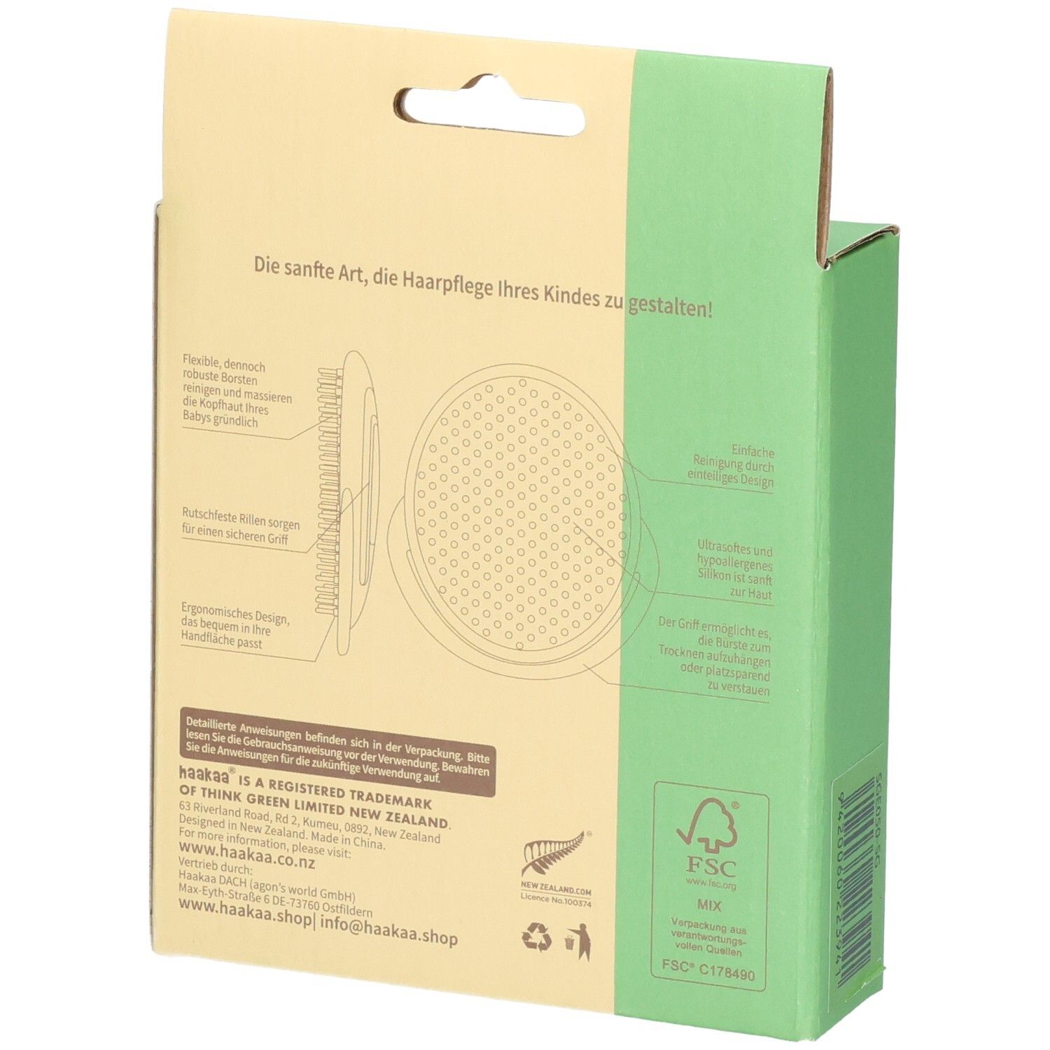 Rückseite der Haakaa Shampoobürste Verpackung mit detaillierten Produktmerkmalen und FSC-Siegel.