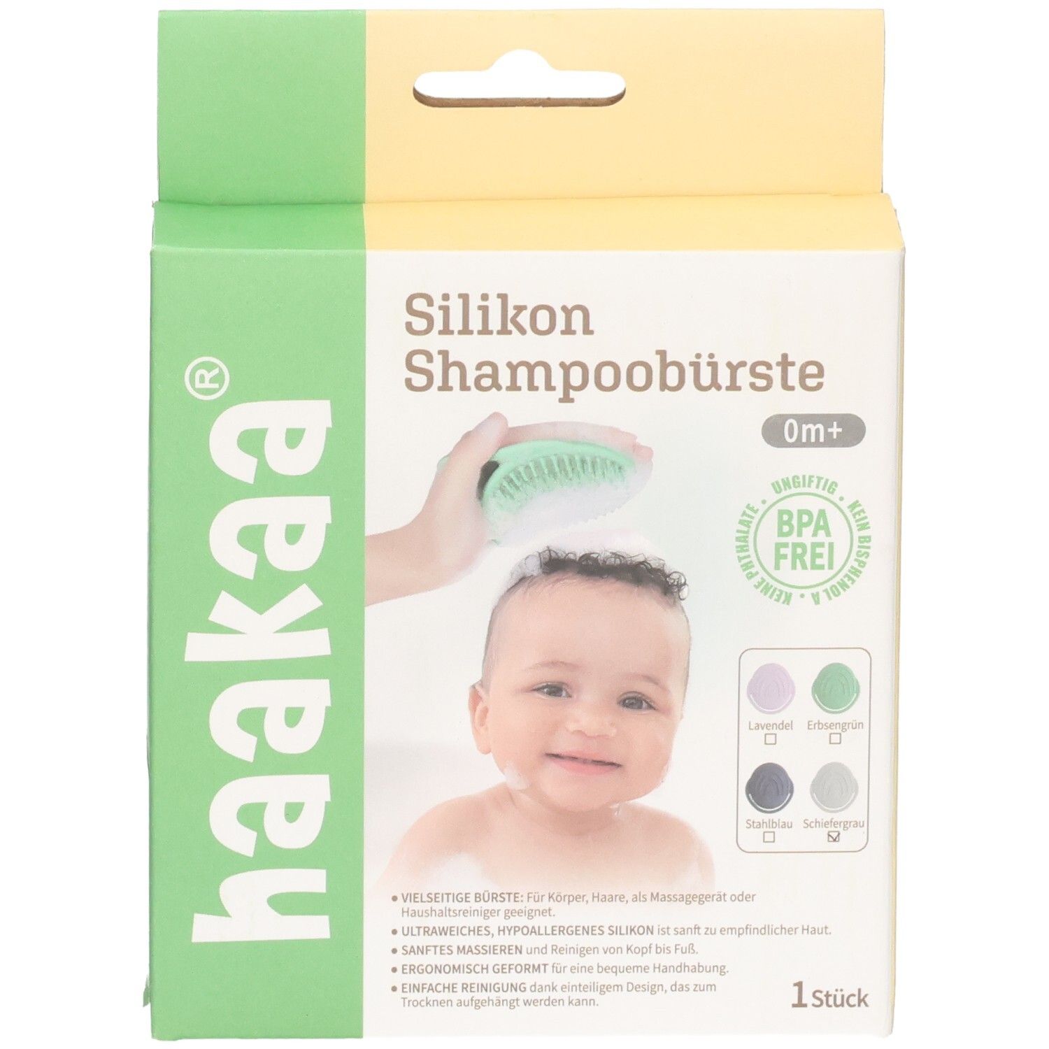 Haakaa Silikon Shampoobürste Verpackung mit Baby-Motiv, BPA-frei-Siegel und Farboptionen.