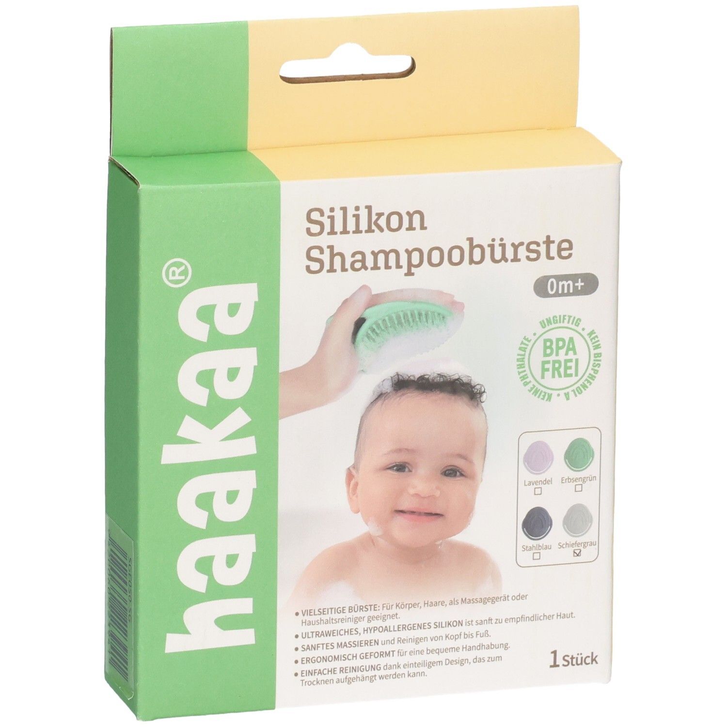 Vorderseite der Haakaa Silikon Shampoobürste Verpackung mit Baby-Motiv und Produktmerkmalen.