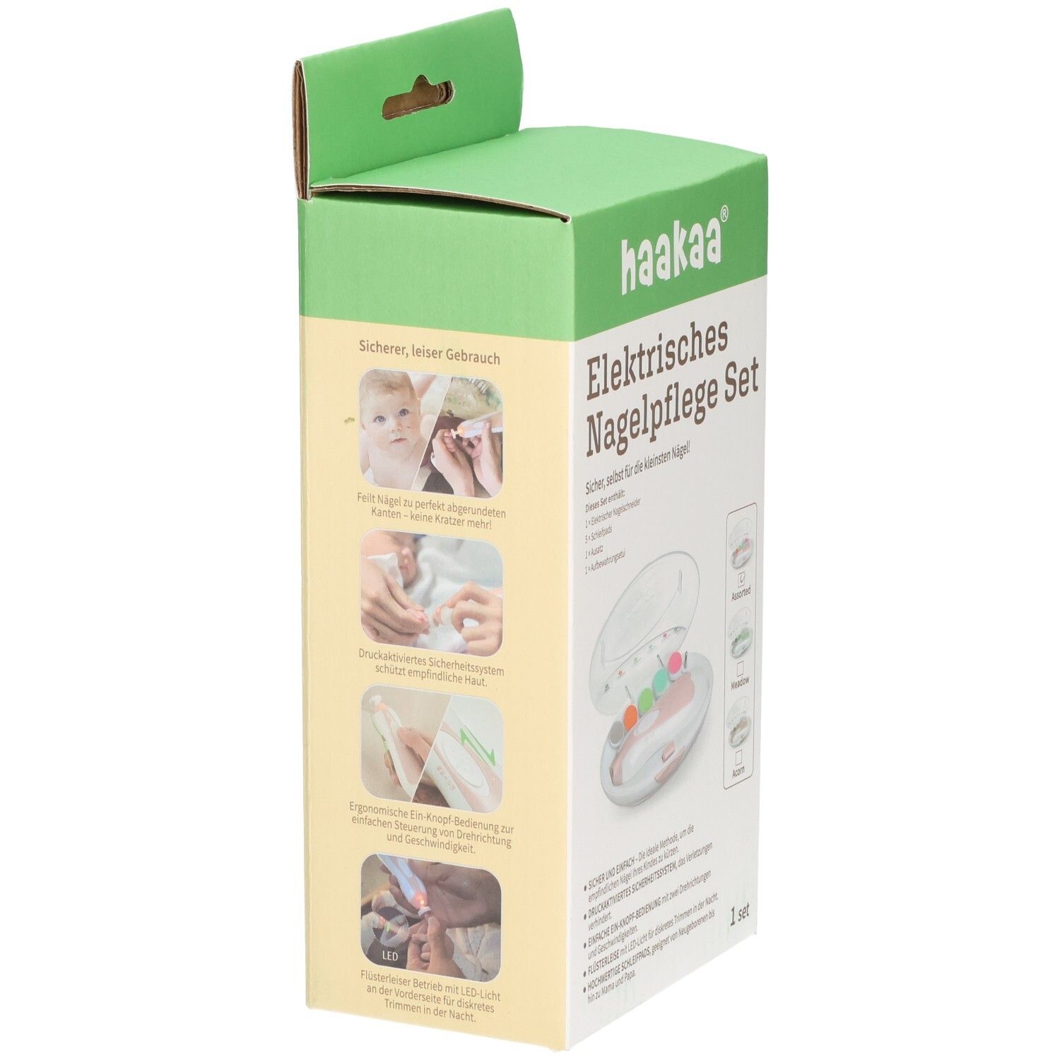 Haakaa Elektrisches Nagelpflege Set Verpackung mit Abbildungen zur sicheren Anwendung und Produktübersicht.