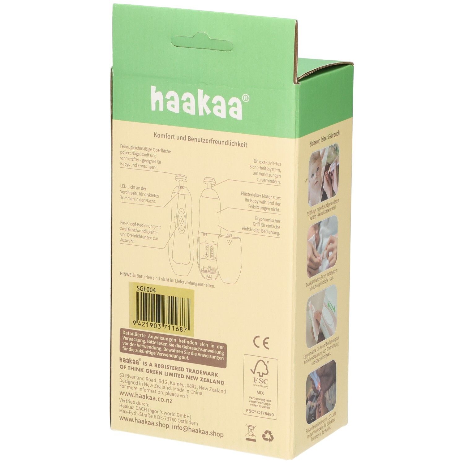 Rückseite der Haakaa Elektrisches Nagelpflege Set Verpackung mit technischen Details, Barcode und Zertifizierungen.