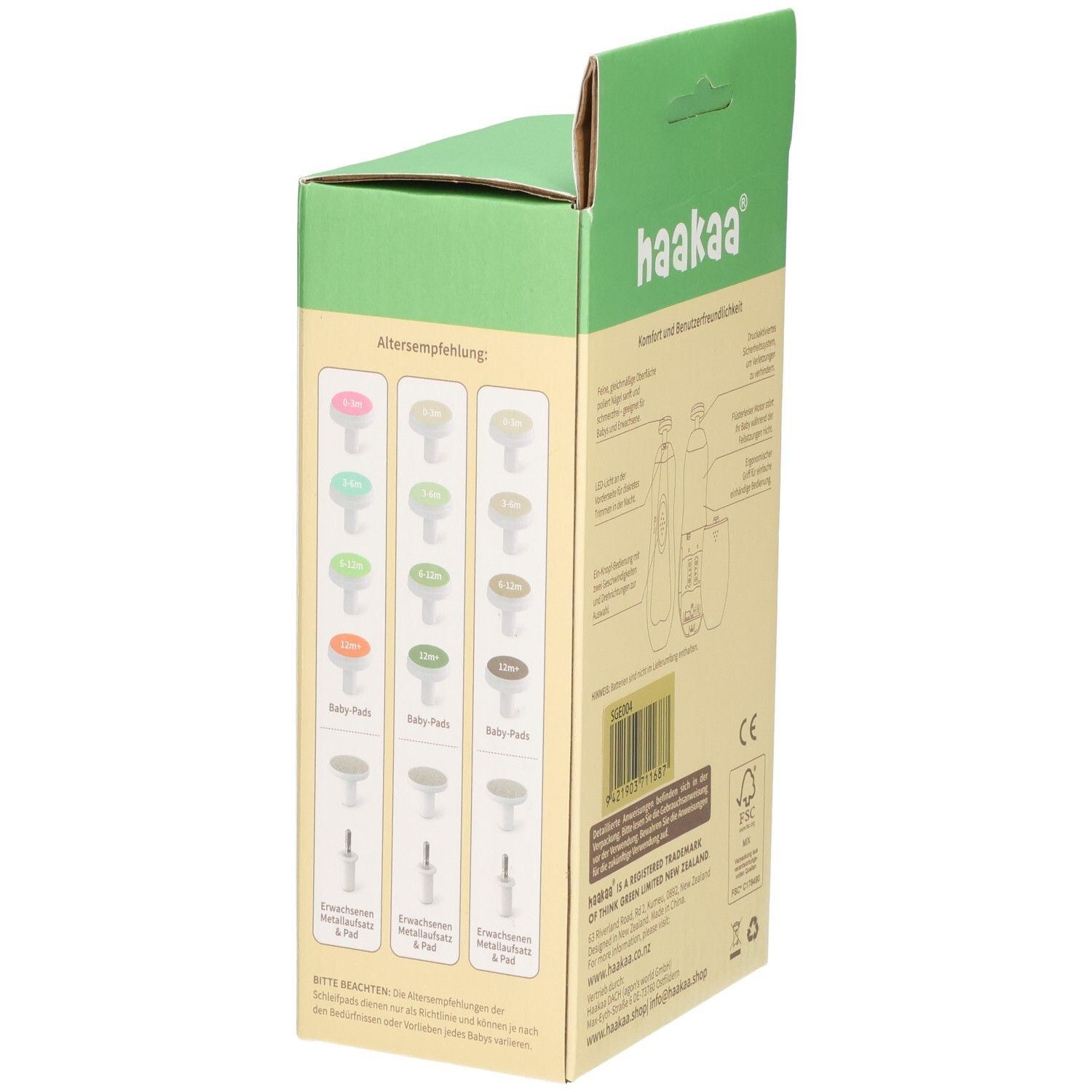 Seite der Haakaa Elektrisches Nagelpflege Set Verpackung mit Übersicht der verschiedenen Aufsätze und Altersempfehlungen.